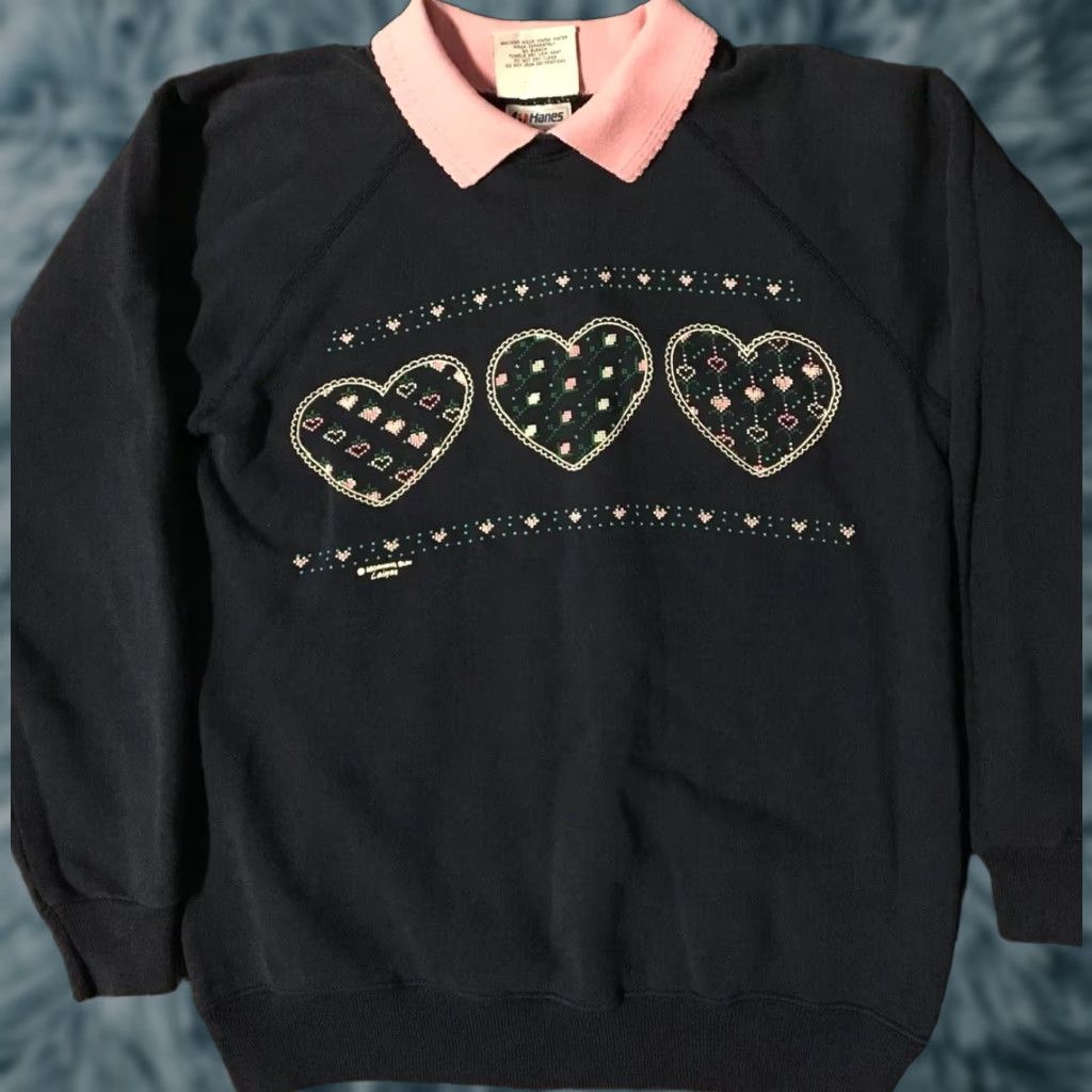 Vintage VINTAGE Morning Sun Heart Collared Sweatshirt M Navy/Blue 80s 90s Grunge Love USA Sports Baseball Basketball Hip Hop Retro College Nautical Flower Size US M / EU 48-50 / 2 - 1 Thumbnail