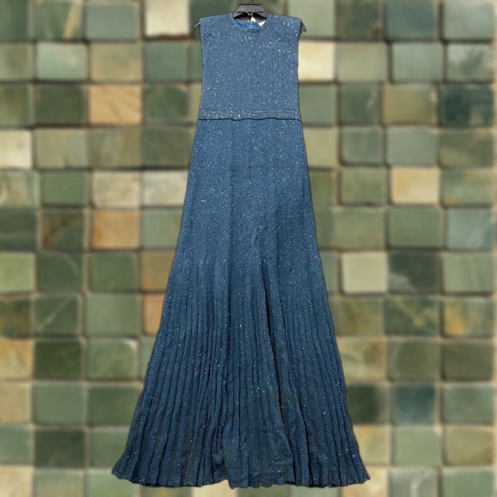 VINTAGE ST. JOHN Women's Sequin Knit Gown Long Dress S Sleeveless Blue Wool  Ball Gown