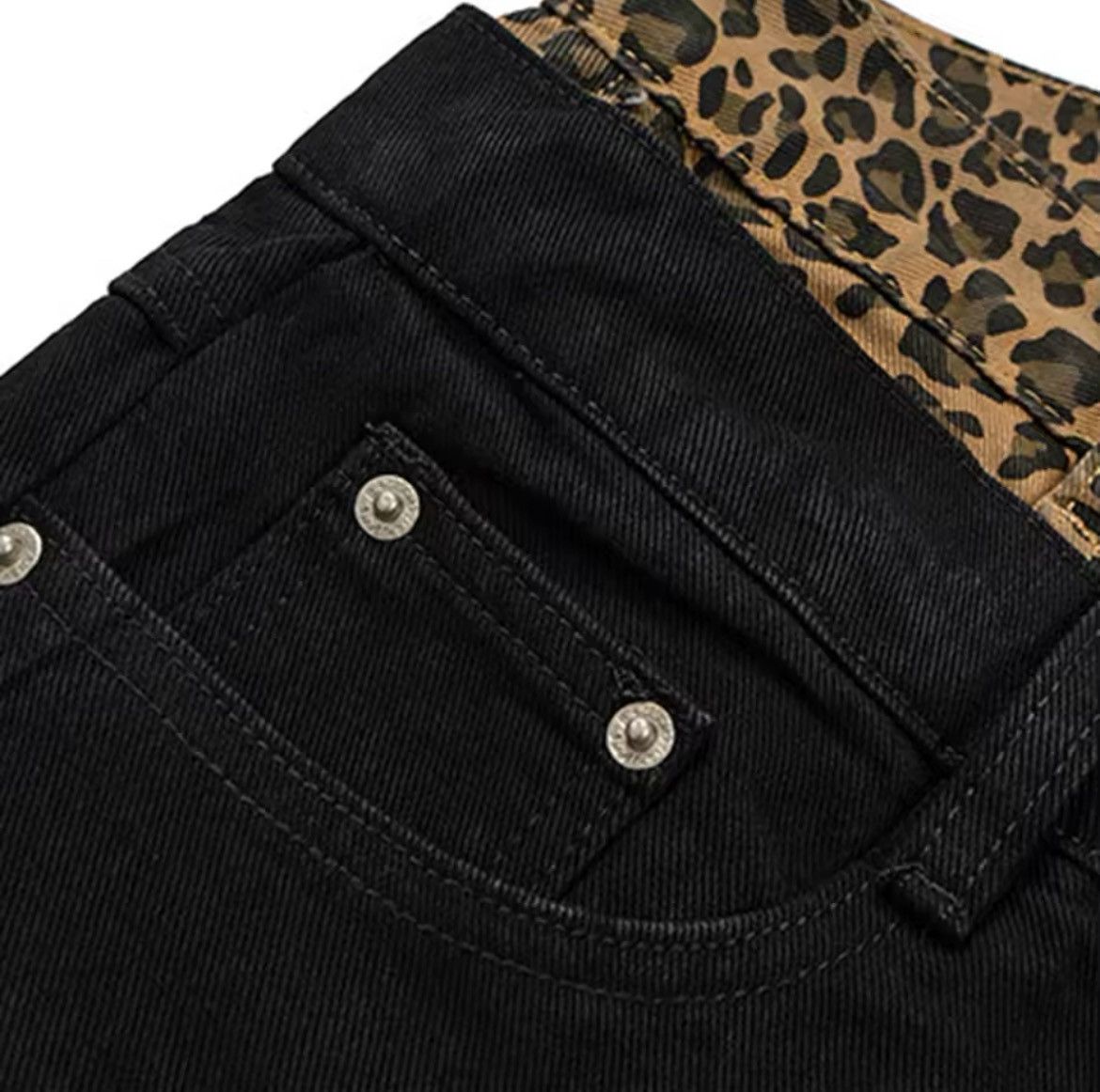 Designer × Japanese Brand × Vintage Fake Two Piece Leopard Patchwork Black Baggy Jeans Size US 27 - 4 Thumbnail