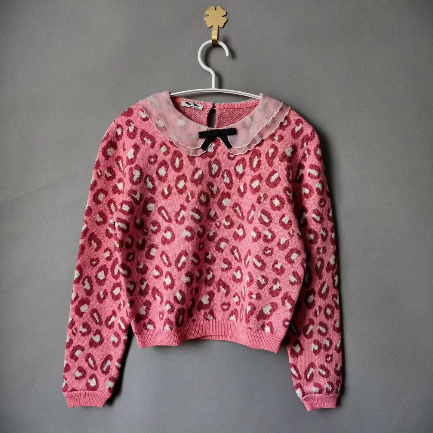MIU MIU Wool Colorblock Bow Crew Longsleeve Sweater