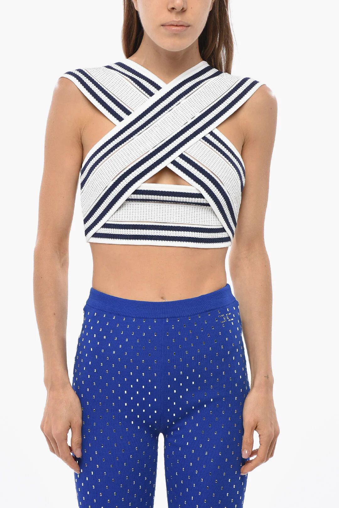 Balmain og1mm0326 Two-Tone Cropped Top in White & Blue Size XS / US 0-2 / IT 36-38 - 1 Thumbnail