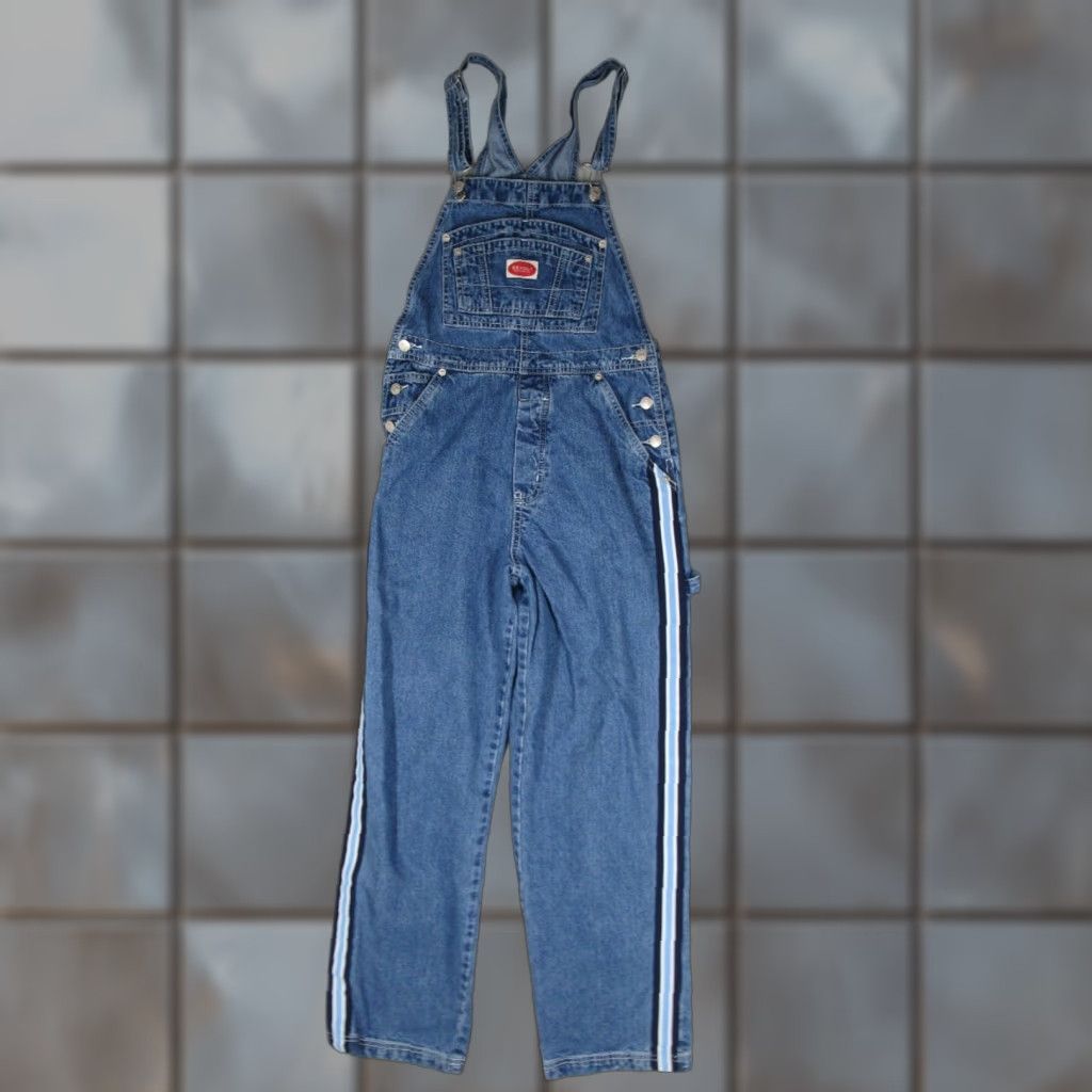 Denime VINTAGE Revolt Denim Overalls Women M Blue Bib 100% Cotton Striped Trim 90s Overall Size 32" / US 10 / IT 46 - 1 Thumbnail