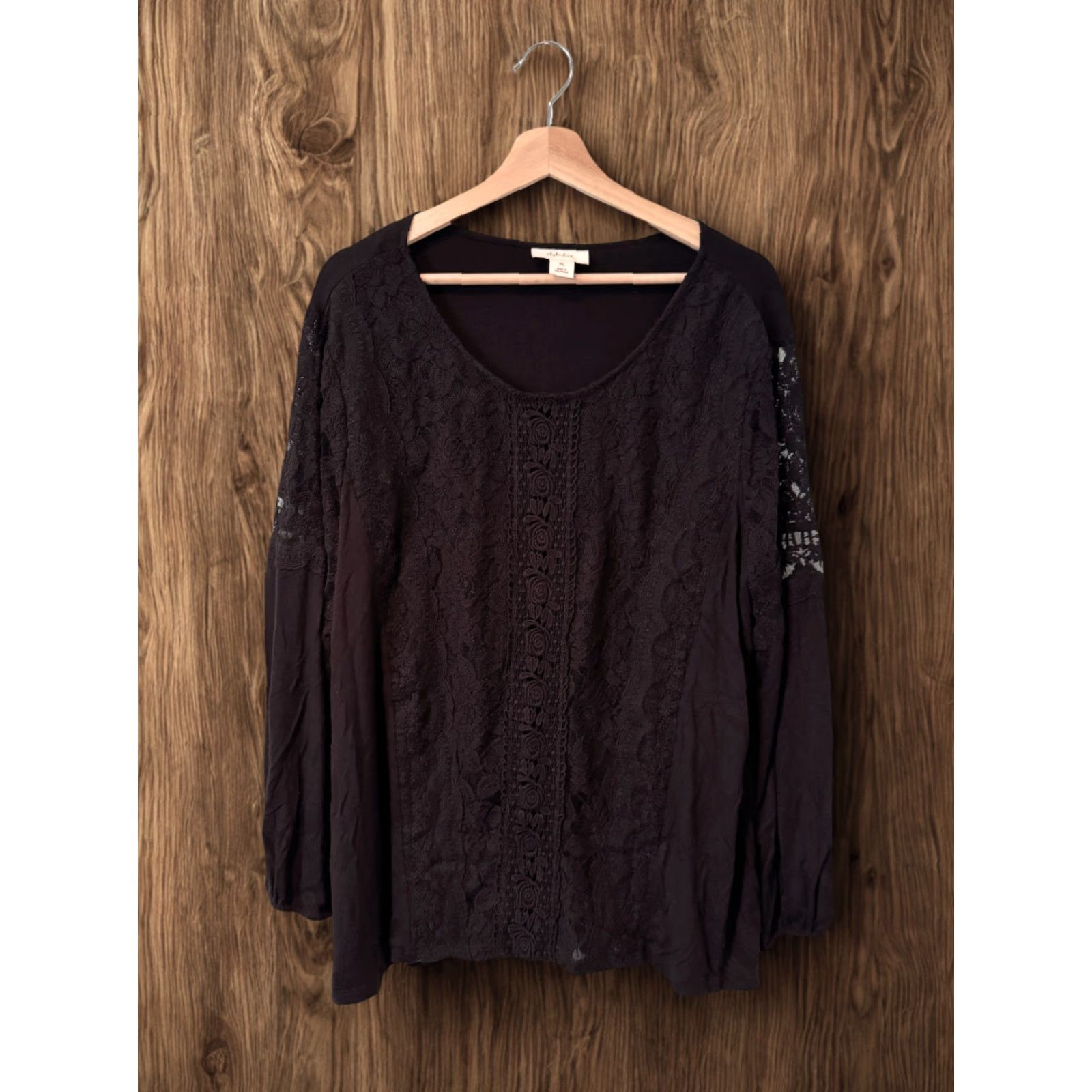 Vintage Style & Co Blouse Women XL Black Lace Floral Round Neck Casual Sleeve Long Crochet Ruffle Button Machine Washable Vintage No NWT MSRP 55 Womens Size XL / US 12-14 / IT 48-50 - 2 Thumbnail