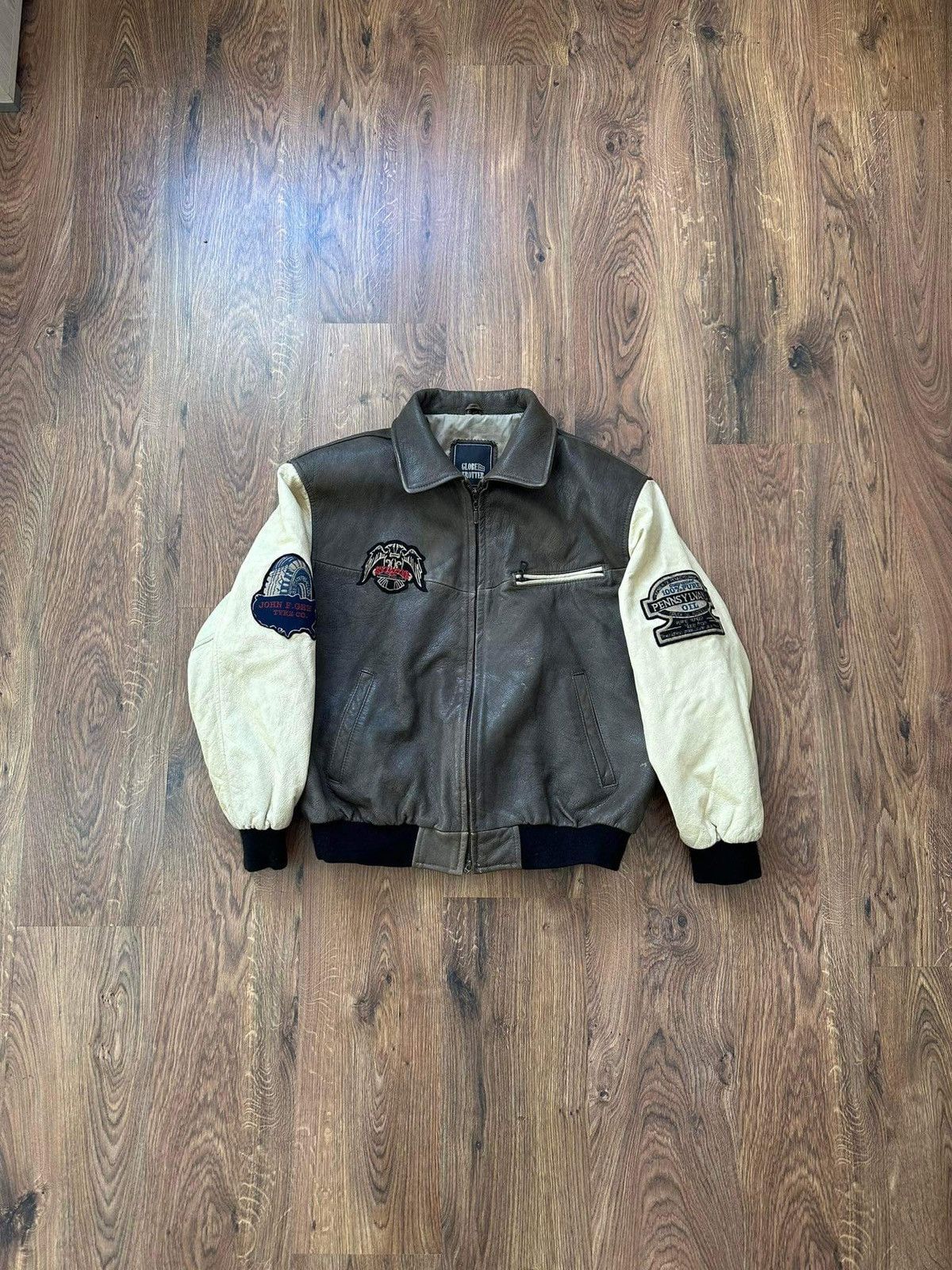 image of Leather Jacket x Vintage Leather Bomber Jacket Patches in Khaki, Men's (Size Medium)