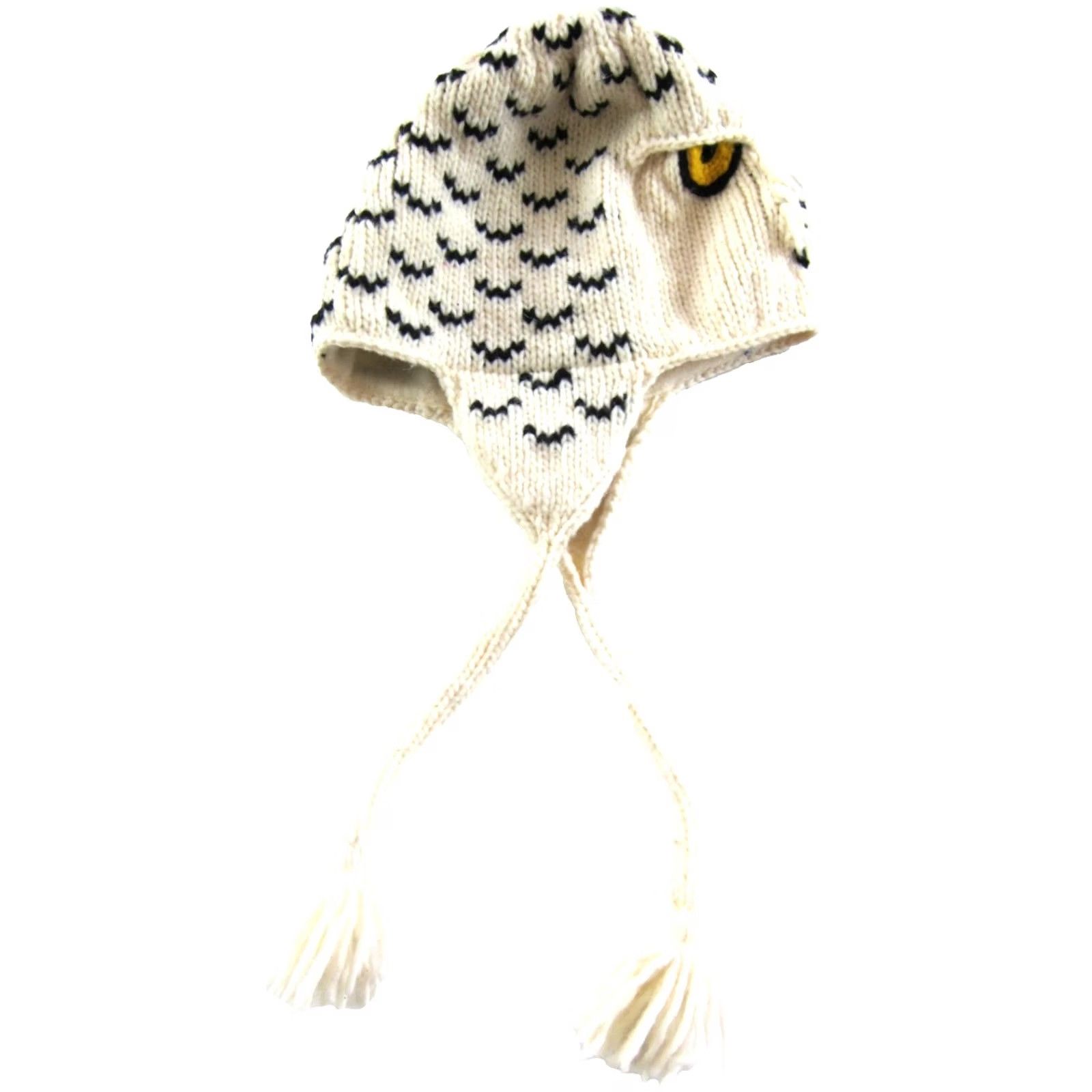 Vintage Vive Bien Ecuador 100% Wool Ivory Owl Beanie Hat Adult OS Earflap Lined Fleece Wool Owl Trapper Style Hat Womens Size ONE SIZE - 4 Thumbnail