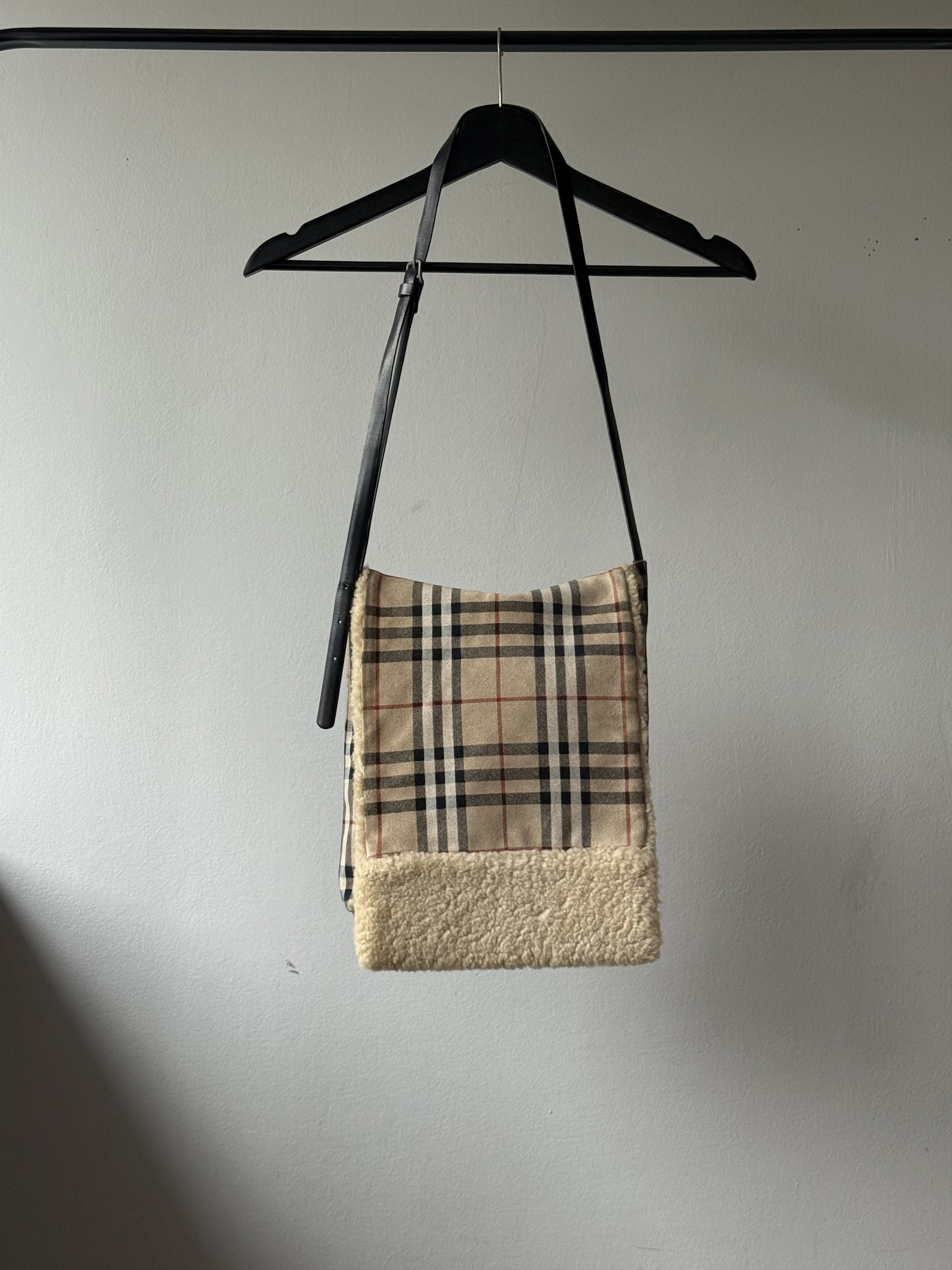 Burberry Burberry Nova Check Suede Shearling Shoulder Open Flap Bag Size ONE SIZE - 1 Thumbnail