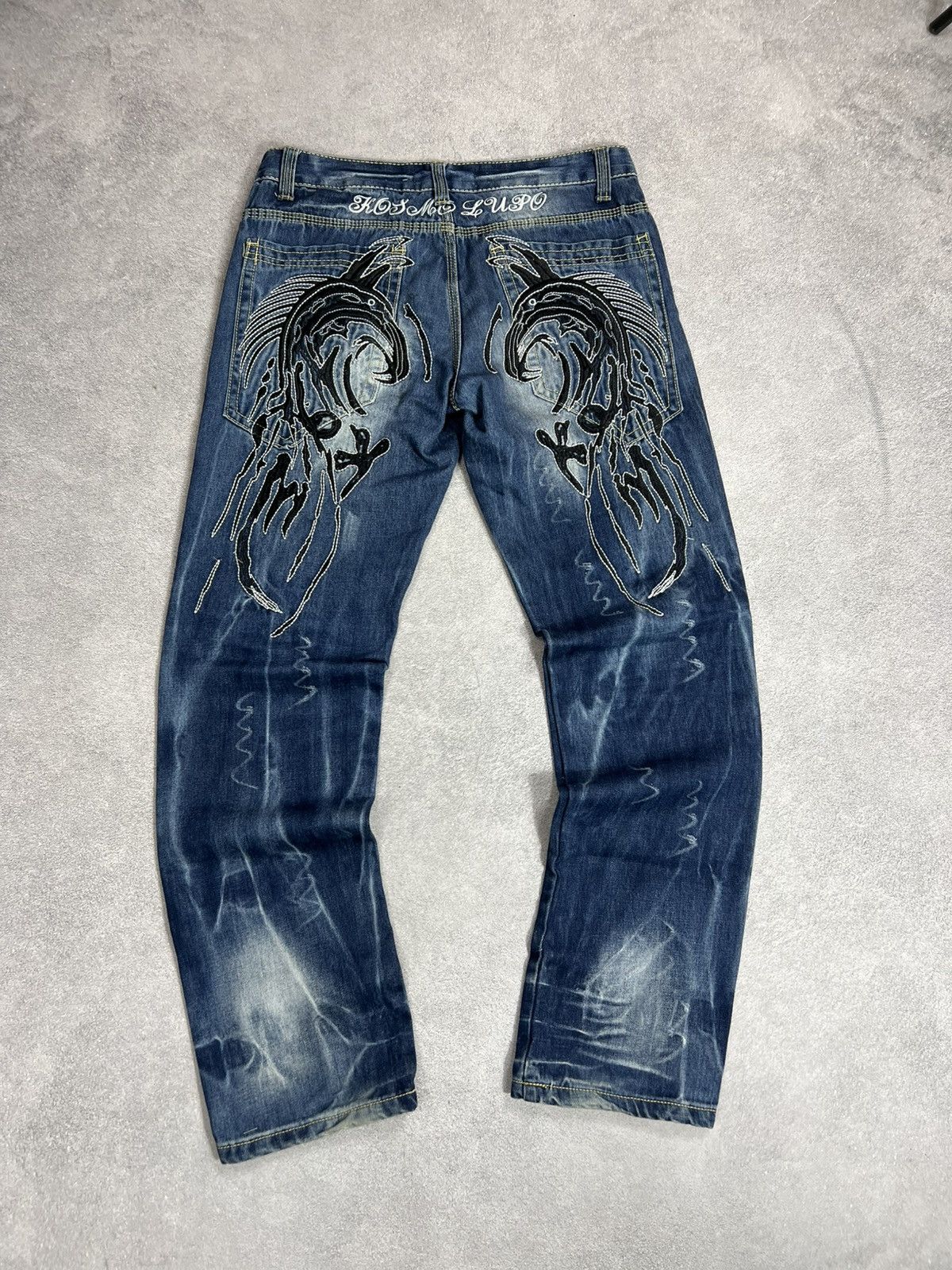 Japanese Brand Y2K denim jeans flame embroidery gothic southpole style y2k Size US 32 / EU 48 - 4 Thumbnail