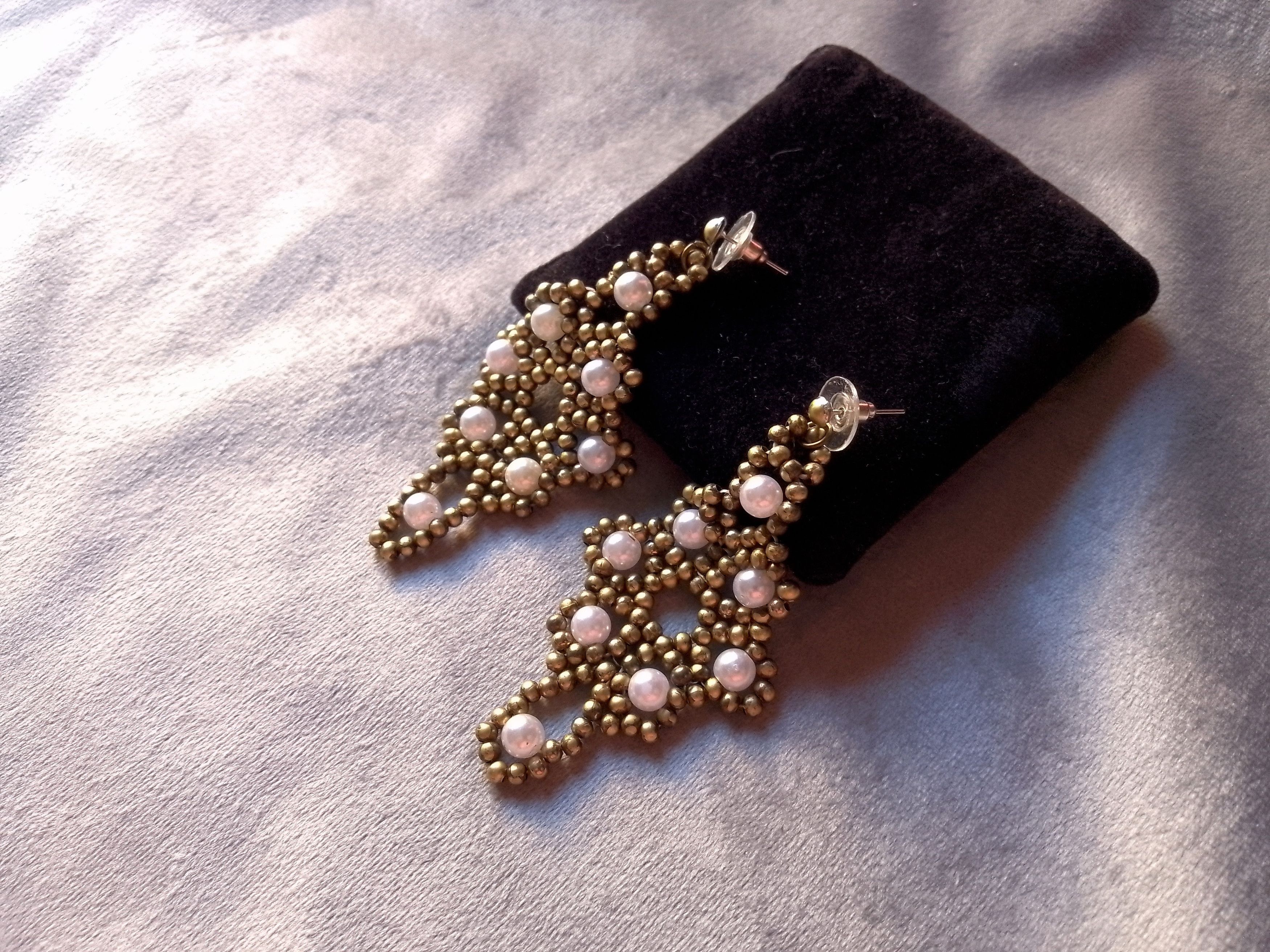 Handmade Earrings Vintage Antique Brass Pearls Long Flower Shape Size ONE SIZE - 1 Thumbnail