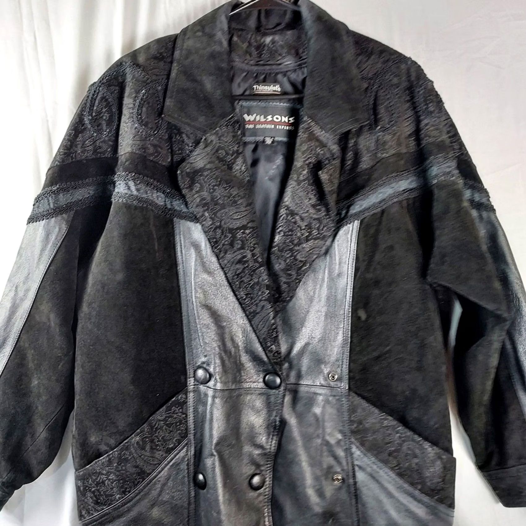 Vintage VINTAGE Wilsons Leather Womens Coat Long Paisley Leather Trench Black Suede Trim Petite Medium Size M / US 6-8 / IT 42-44 - 4 Thumbnail