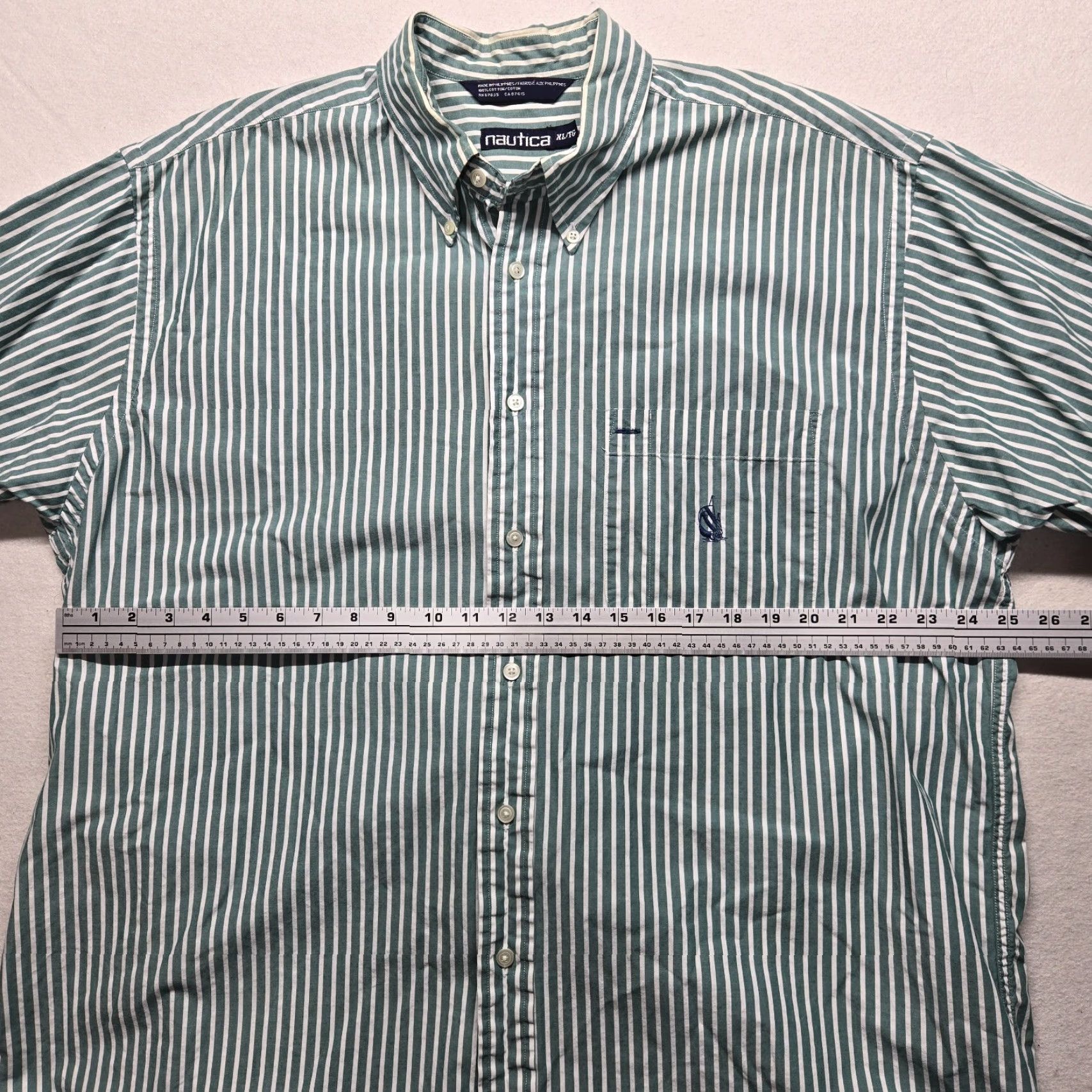 Nautica Nautica Shirt Men XL 100% Cotton Green White Stripes Button-Up, Collared, Short Sleeve, Regular Fit, Casual Business, Button-Front, Pockets Size US XL / EU 56 / 4 - 6 Thumbnail