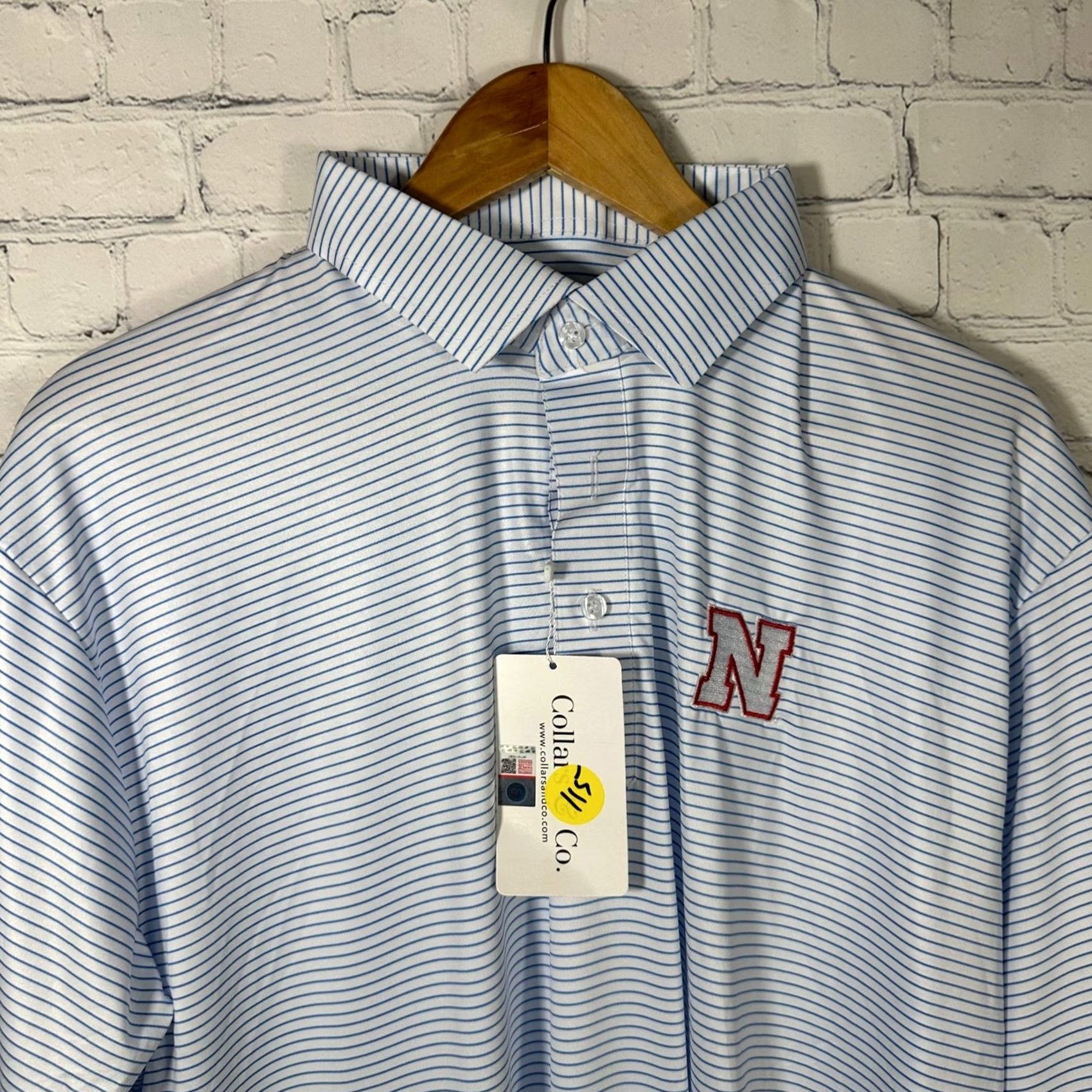 CO Collars & Co. Nebraska Huskers Polo Shirt Blue White Stripe XL NWT Shirt Mens Slim Fit 4-way Stretch Moisture Wicking Size 46R - 2 Thumbnail