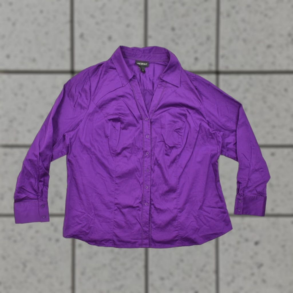 Vintage Lane Bryant Womens Plus Size 20 Purple Cotton Stretch Long Sleeve Button-Down Blouse Shirt Blouse Size 3XL / US 20-22 - 1 Thumbnail