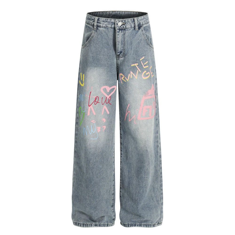 American high street graffiti letter print washed jeans