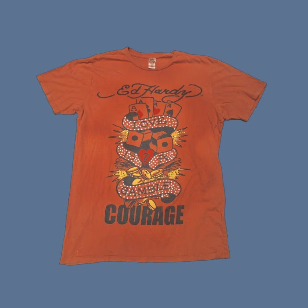 Ed Hardy ED HARDY T-Shirt Mens XL Orange Love CHRISTIAN AUDIGIER Dice Y2k Gamble Courage #100% Originalียด Size US XL / EU 56 / 4 - 1 Thumbnail