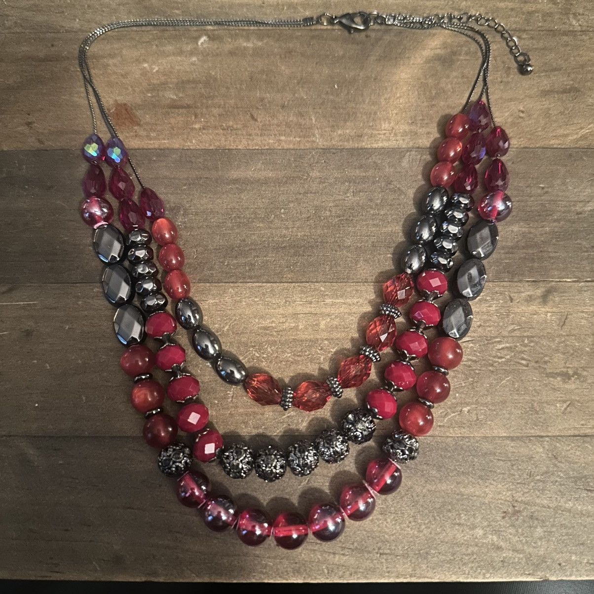 Other Multi strand layered red bead gunmetal silver necklace Size ONE SIZE - 2 Thumbnail