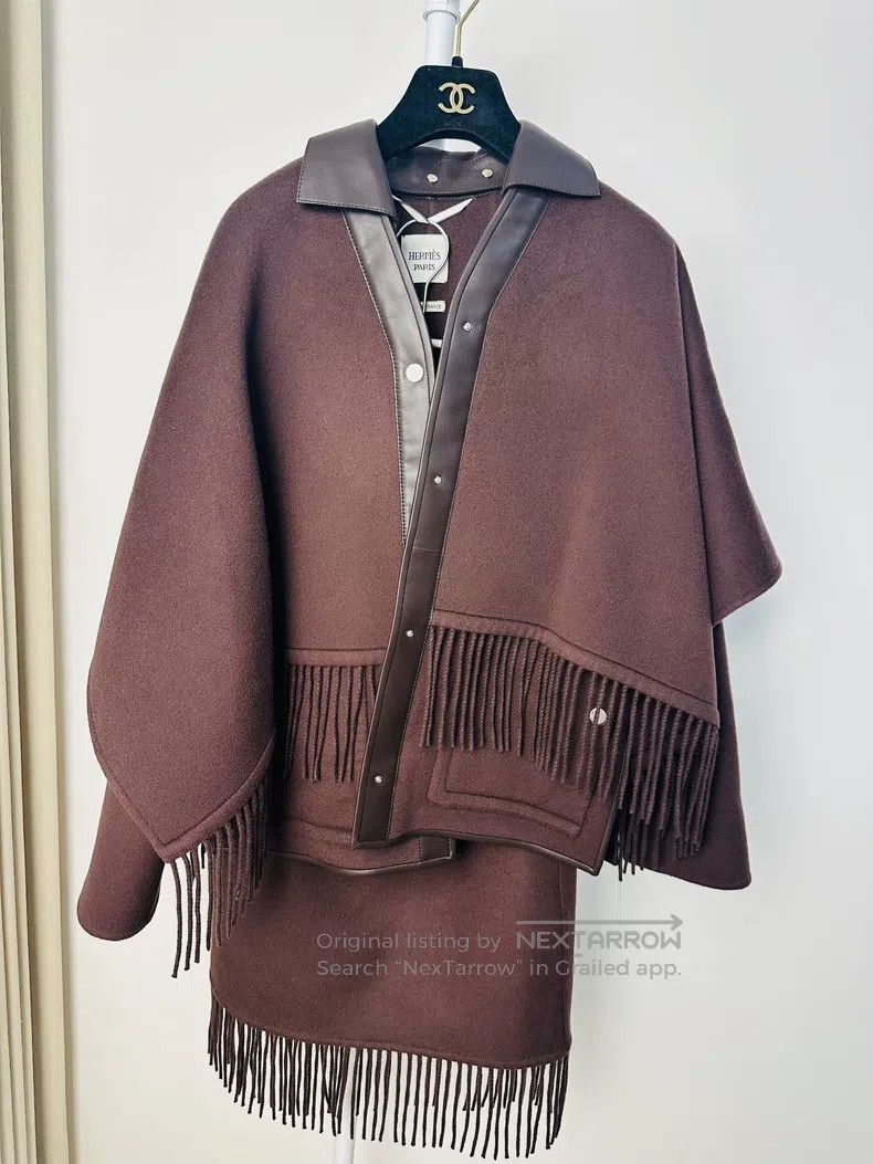 Hermes Hermes Brown Fringe Set, 100% Cashmere + Genuine Leather L Size XXS / US 00 / IT 34 - 4 Thumbnail
