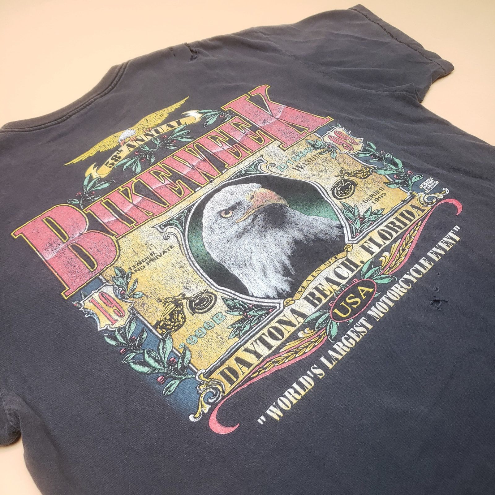 Vintage 1999 Bike Week Distressed T Shirt Bald Eagle Holes Nat Fade Size US XL / EU 56 / 4 - 2 Thumbnail