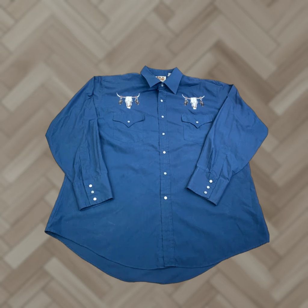 Vintage Ely Cattleman Pearl Snap Button Up Shirt Mens XL Blue Western Gaucho 12678 Size US XL / EU 56 / 4 - 1 Thumbnail