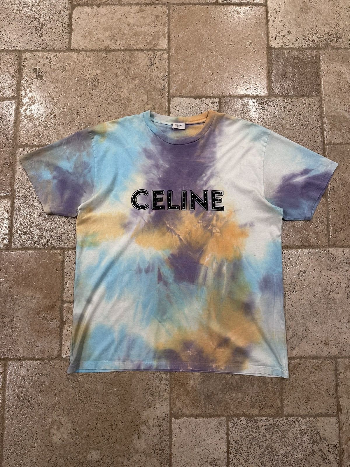 Celine × Hedi Slimane Celine x Hedi Slimane Studded Logo Tie Dye T-Shirt Size US XXL / EU 58 / 5 - 3 Thumbnail