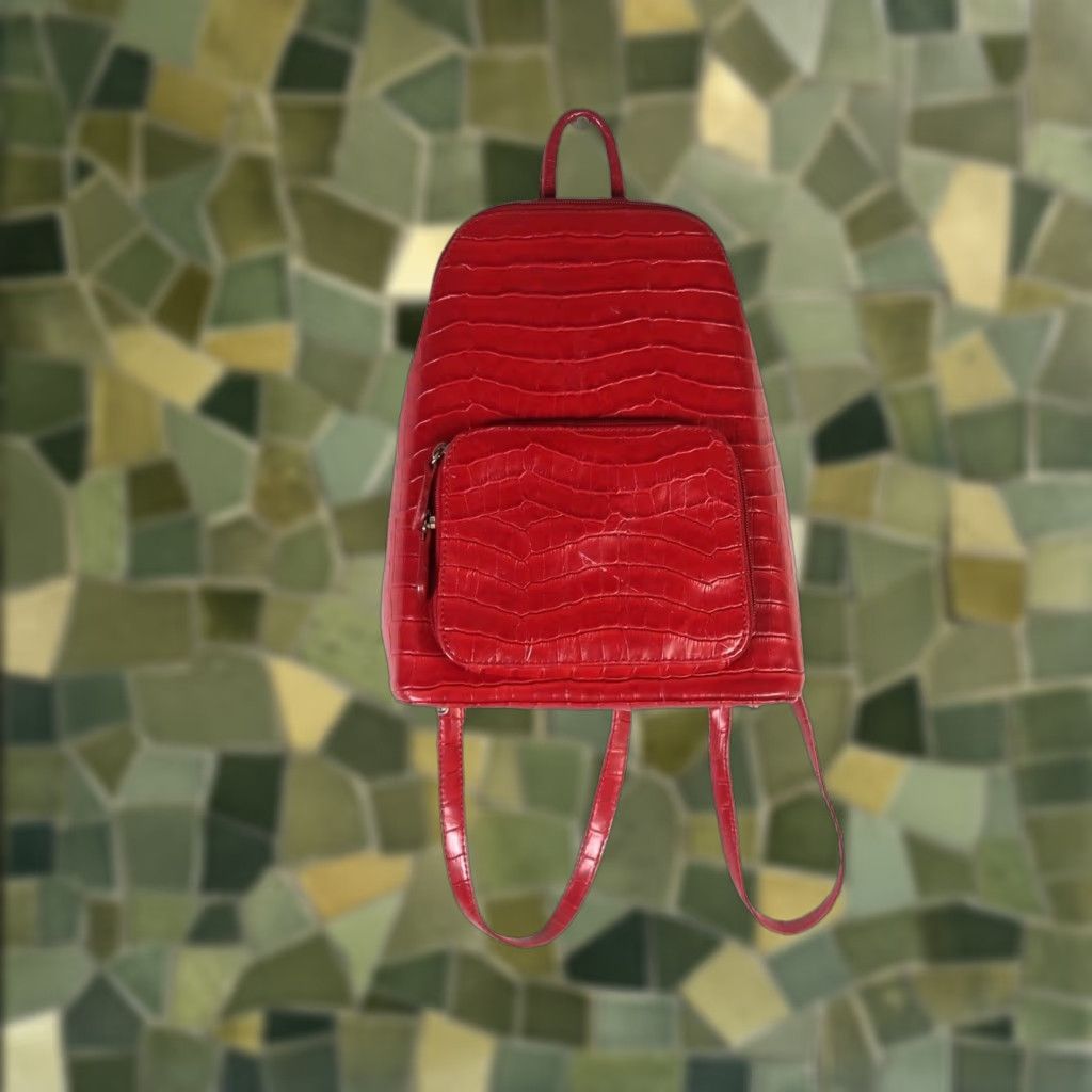 Vintage L. Erickson Red Faux Patent Croc Leather Backpack Purse Woman Small Zip Croc Embossed BackPack Casual Womens Red 9x11x4 Size ONE SIZE - 1 Thumbnail