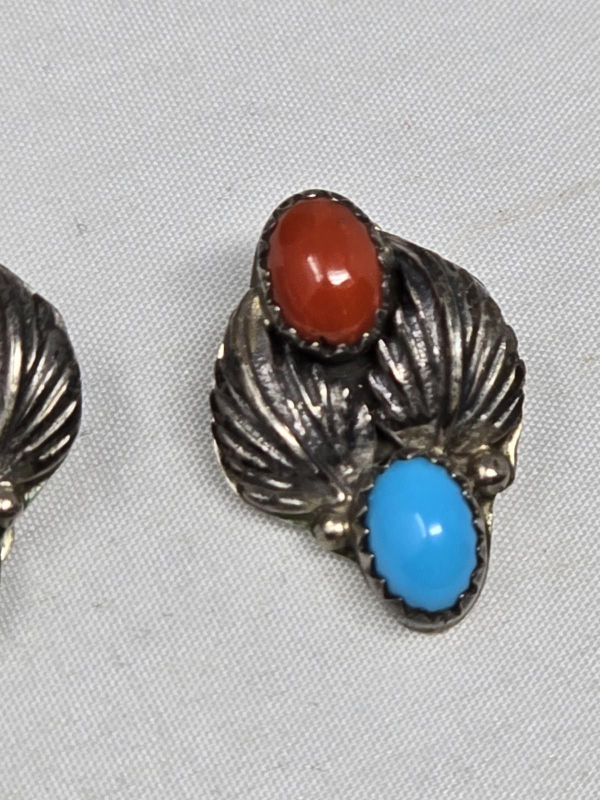Other Sterling Silver Turquoise Coral Clip Earrings Vintage Size ONE SIZE - 3 Thumbnail