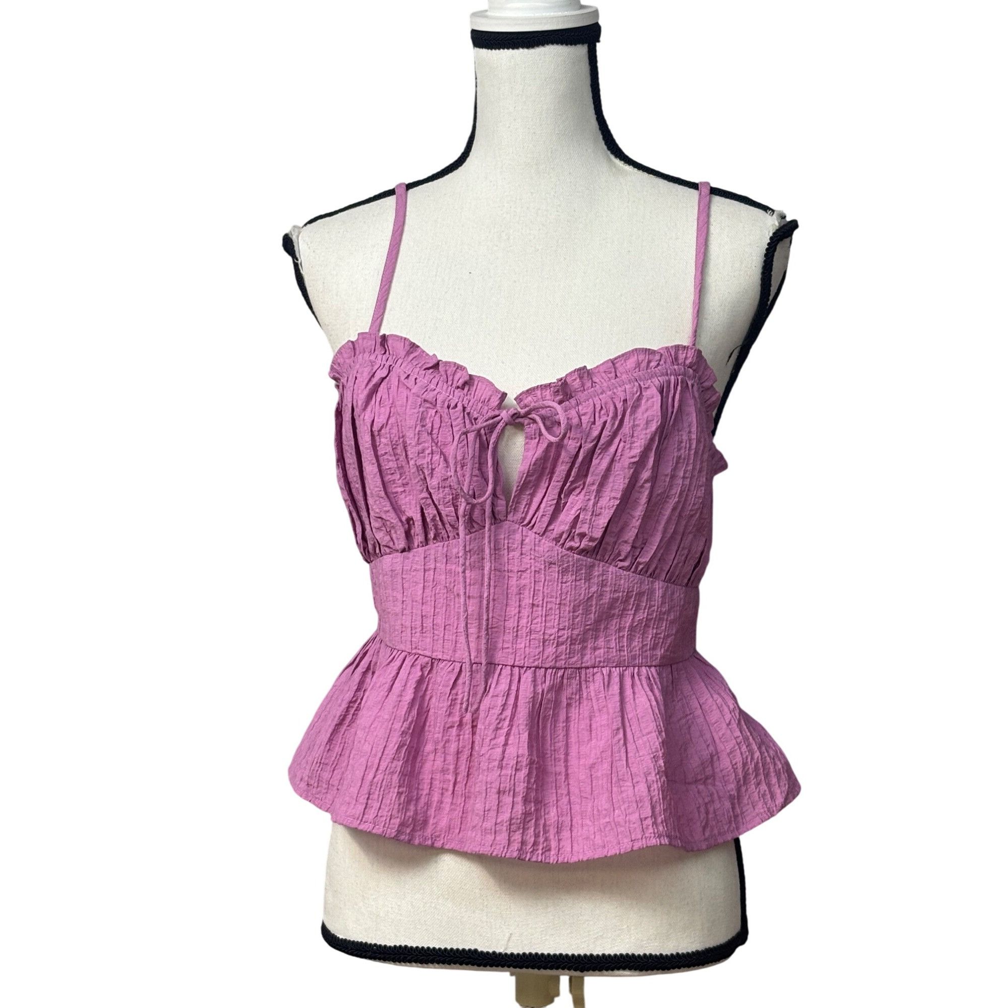 Other Lush Strappy Crinkle Fabric Lace Back Peplum Top, Pink Orcha Size L / US 10 / IT 46 - 1 Thumbnail