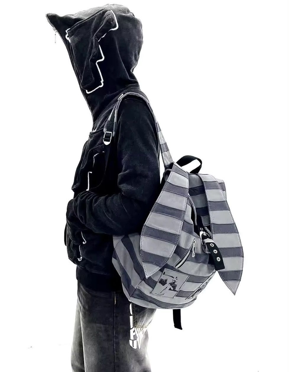 Japanese Brand Kawaii Rabbit Ear Contrast Color Striped Backpack Size ONE SIZE - 2 Thumbnail