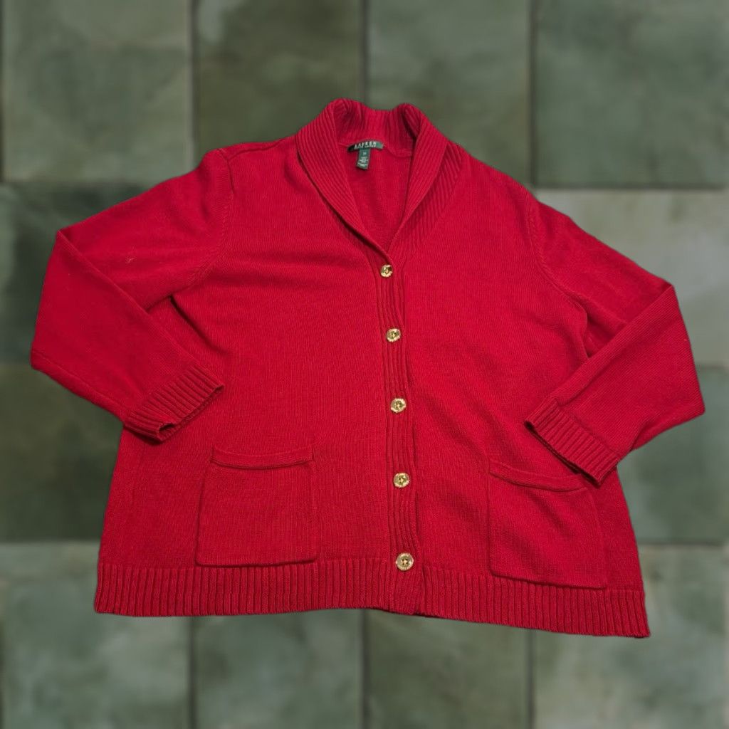 Ralph Lauren VINTAGE Ralph Lauren Cardigan Women 3XL Red 100% Cotton Knit Long Sleeve High Neck Gold Buttons Size XXL / US 16-18 / IT 52-54 - 1 Thumbnail