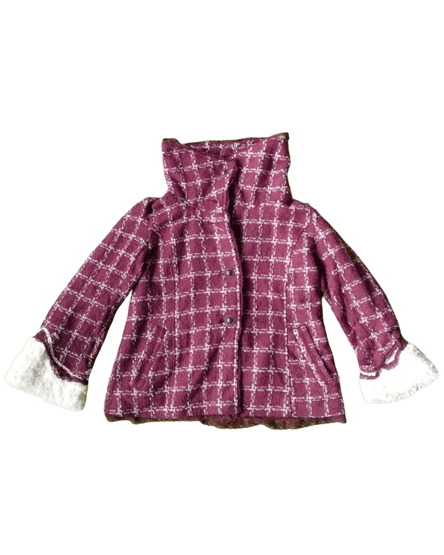 LIZ LISA Axes Femme Tweed Burgundy Lace Fur Cuff Jacket Japan Size S / US 4 / IT 40 - 1 Thumbnail
