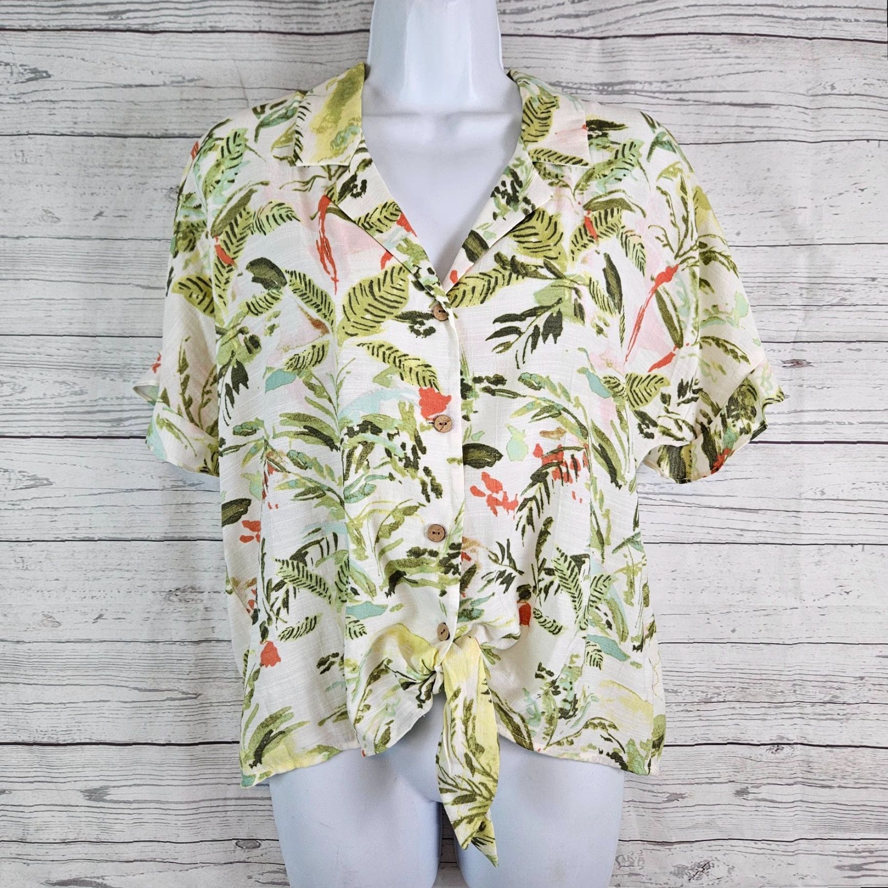 Vintage LC Lauren Conrad Womens Button-Up Top Sz Medium Green Pink Short Sleeve Shirt Ladies M Green Pink Short Sleeve Button-Up Shirt Size M / US 6-8 / IT 42-44 - 2 Thumbnail