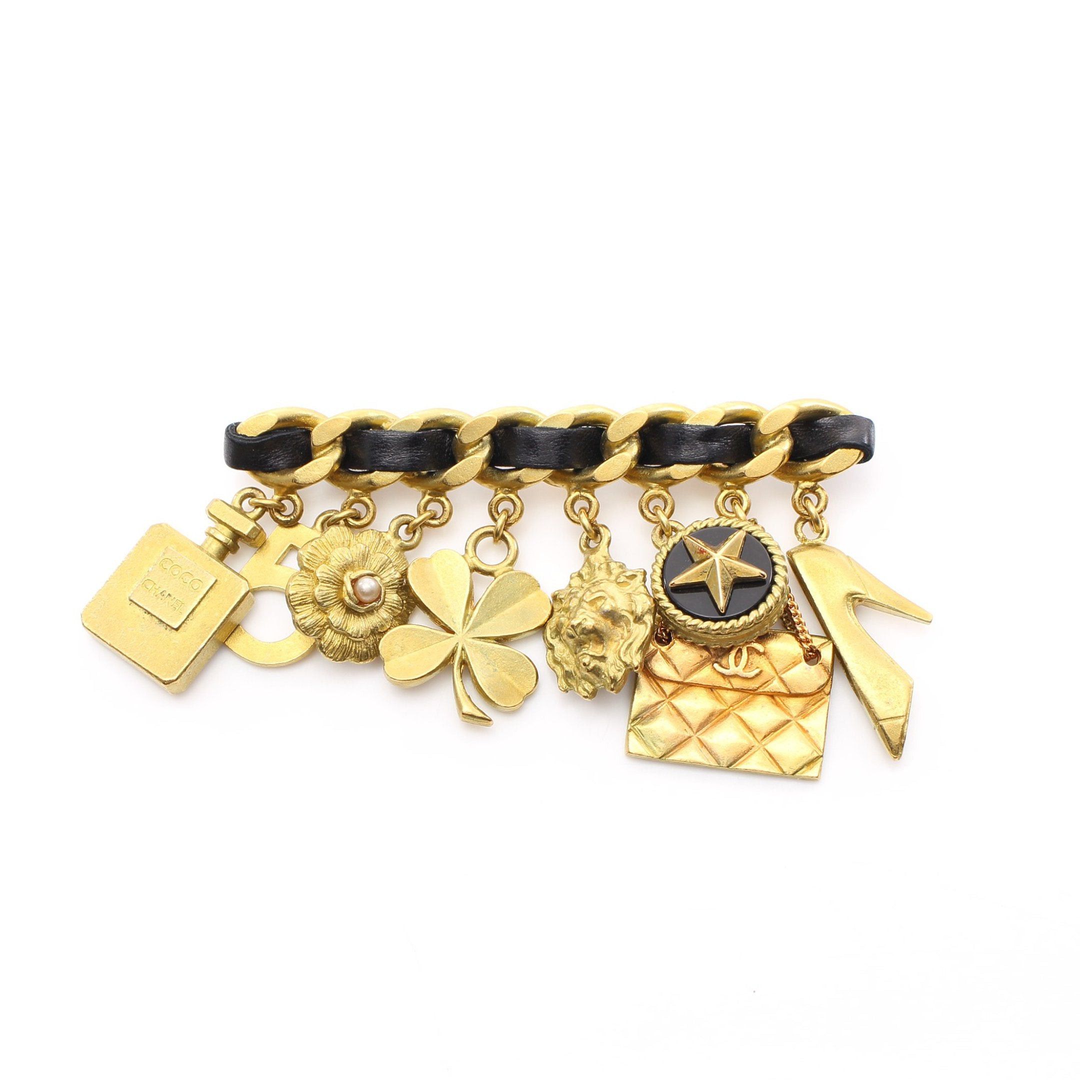 image of Chanel Icon Brooch Gp Leather Fake Pearl Gold Black White 95P, Women's