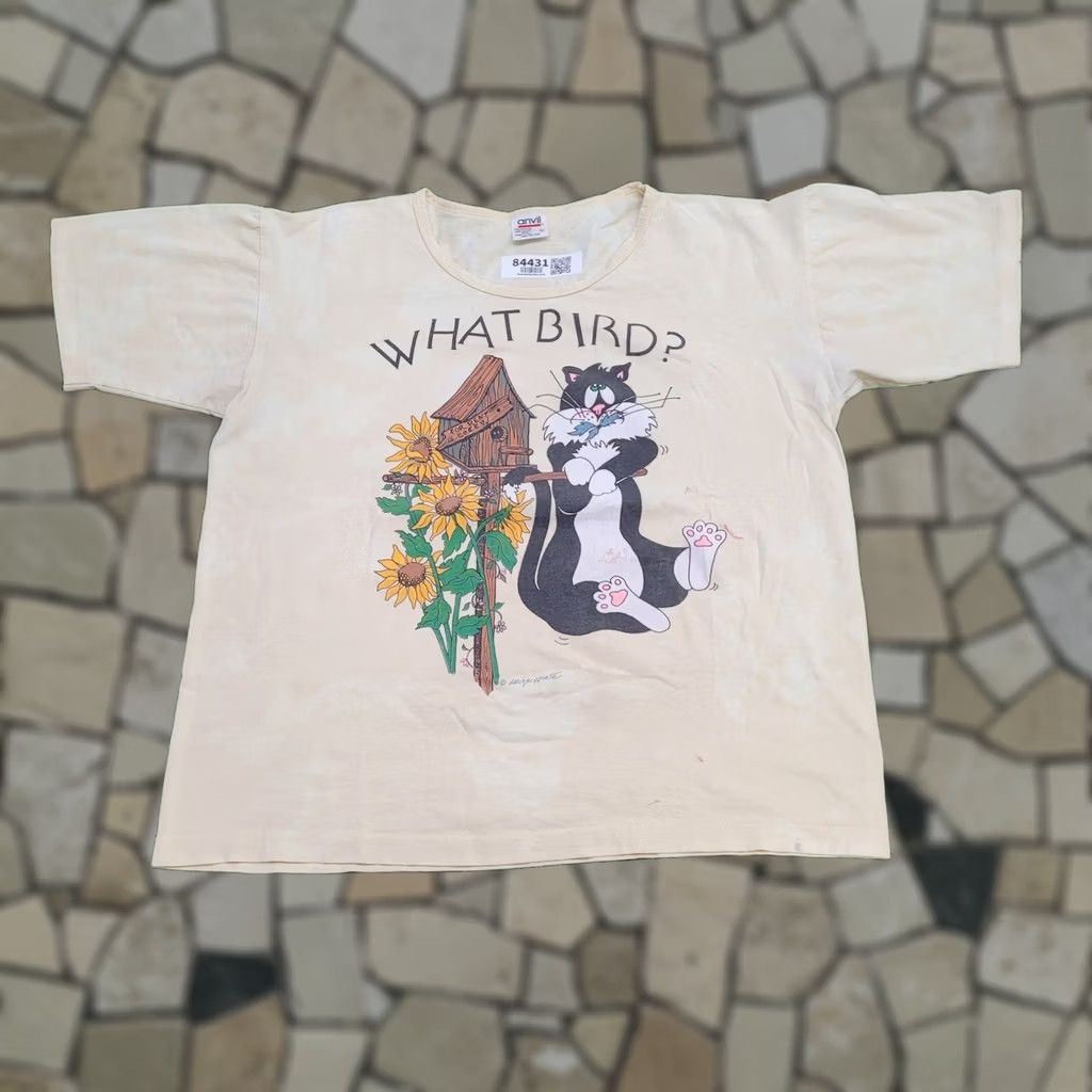 Anvil VINTAGE 80s Funny Bird Cat Crop-Top Shirt Womens L 22x23 USA Shirt Cropped Baggy Graphic Print Yellow Women Size L / US 10 / IT 46 - 1 Thumbnail