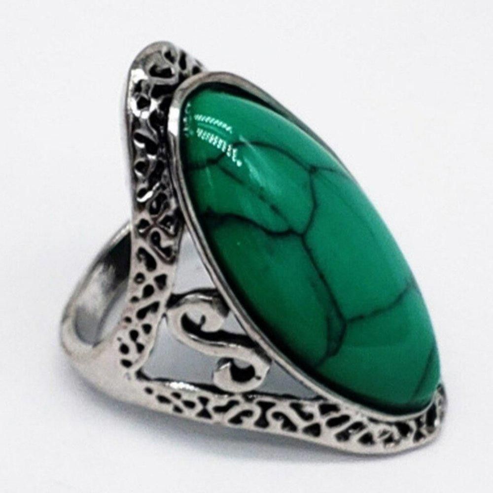 Designer Natural Green 27mm Stone Hollow Antique Silver Ring - Size 7 Size ONE SIZE - 4 Thumbnail