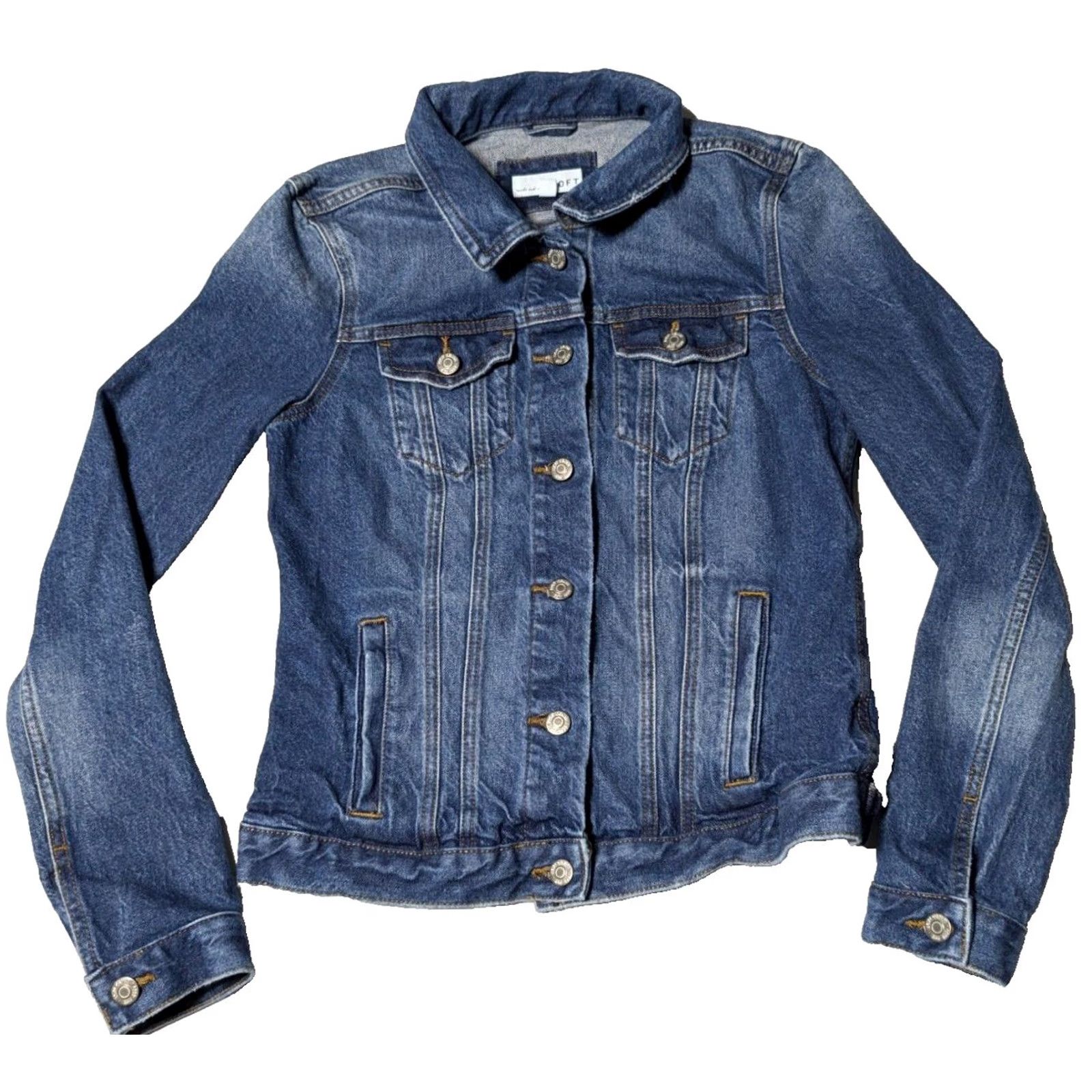 Ann Taylor LOFT Women XS Blue Stretch Denim Trucker Jacket, Regular, Button Closure, Casual, Jeans, Denims, Trucker Jacket Size 26" / US 2 / IT 38 - 2 Thumbnail