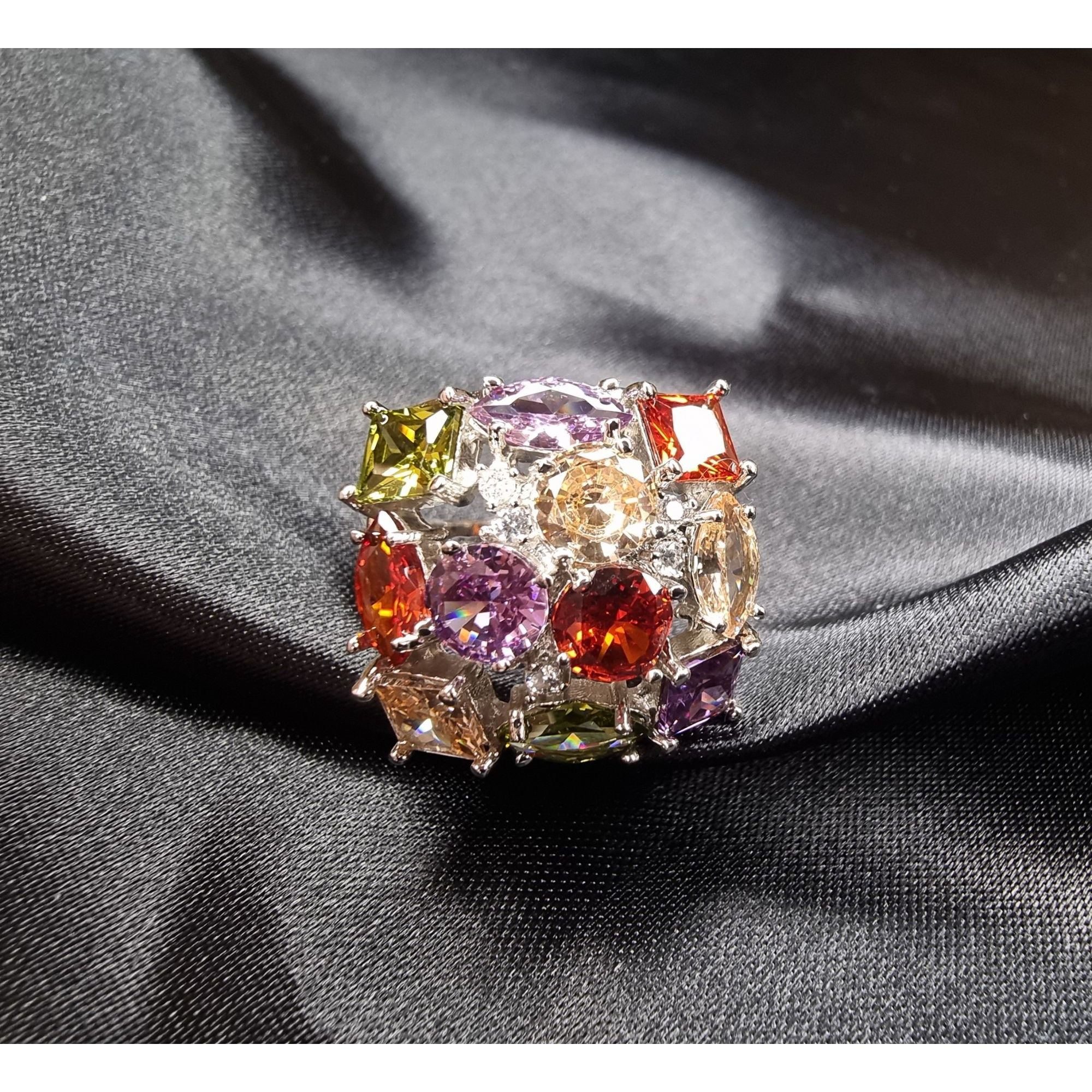 Other Multi-Gemstone Silver Color Statement Ring With Square & Ova Size ONE SIZE - 1 Thumbnail