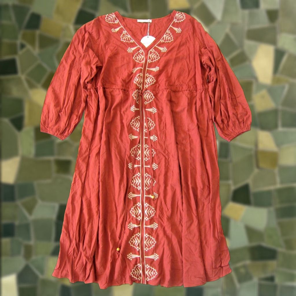 Vintage NWT Rusttydustty 100% Rayon Orange Ivory Embroidered Long Sleeve Maxi Dress 3XL Size XXL / US 16-18 / IT 52-54 - 1 Thumbnail