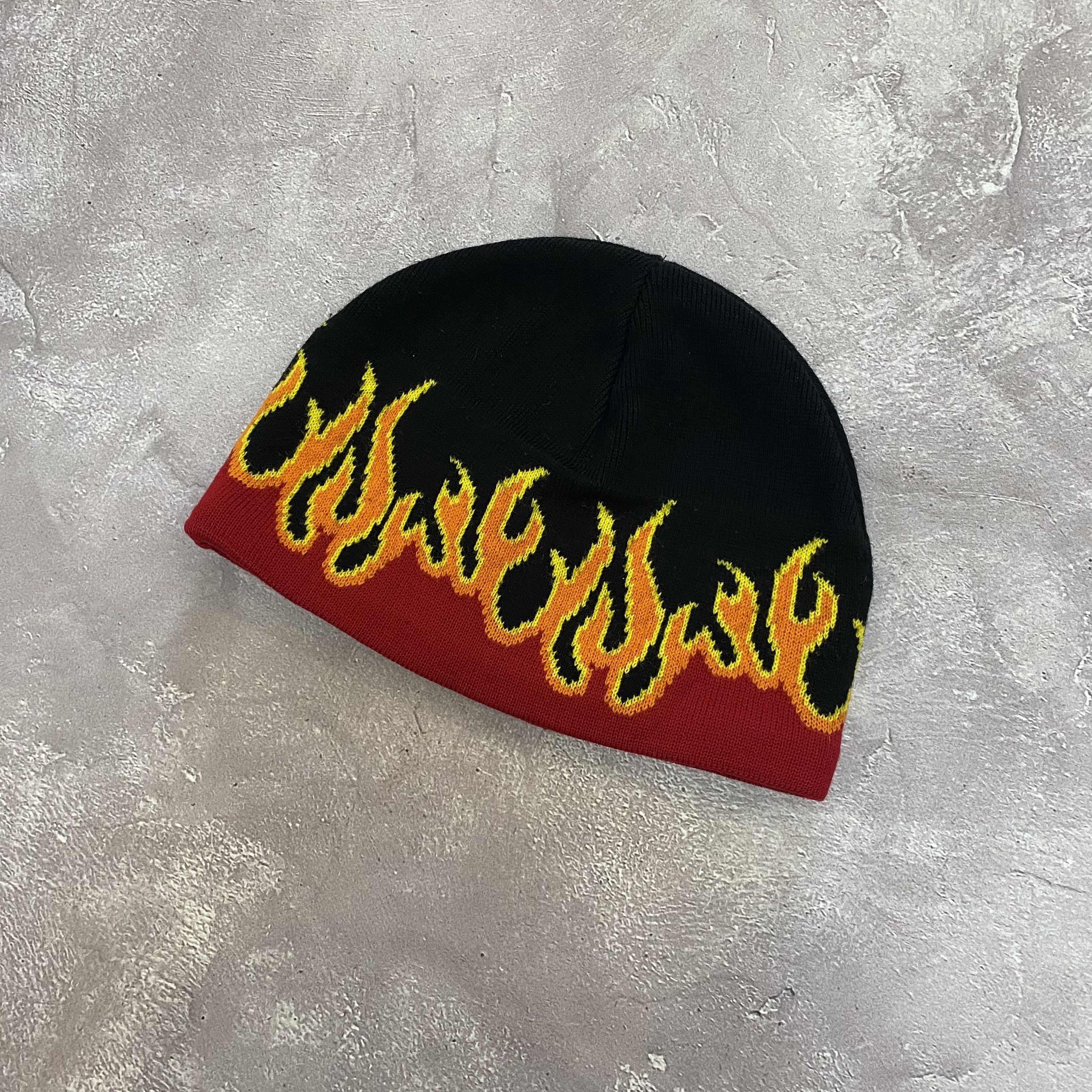 Pre-owned Vintage Y2k Fire Flames Beanie Hat In Black