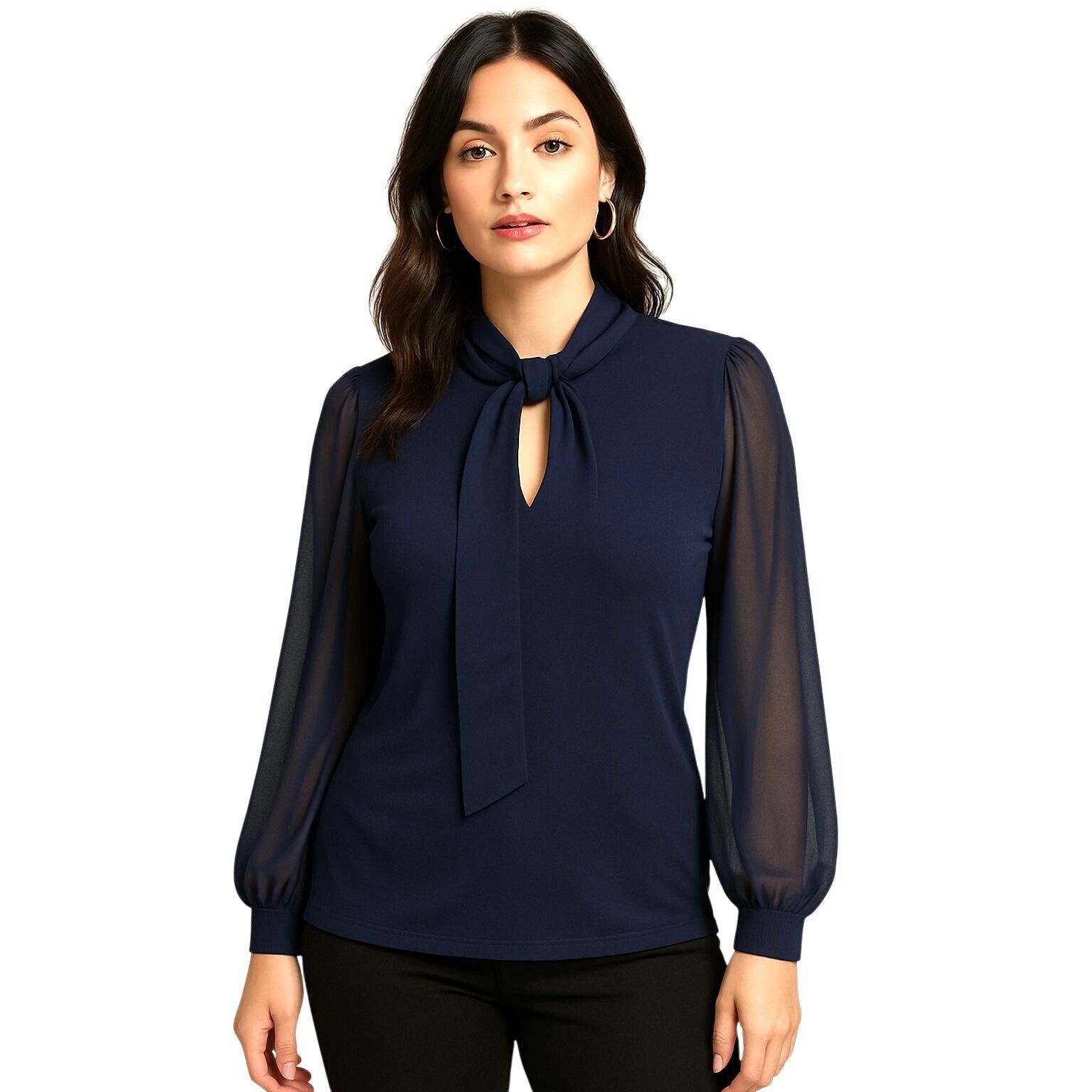 Other Adele May Navy Blouse Large Sheer Sleeve Tie Neck Keyhole Ro Size L / US 10 / IT 46 - 3 Thumbnail
