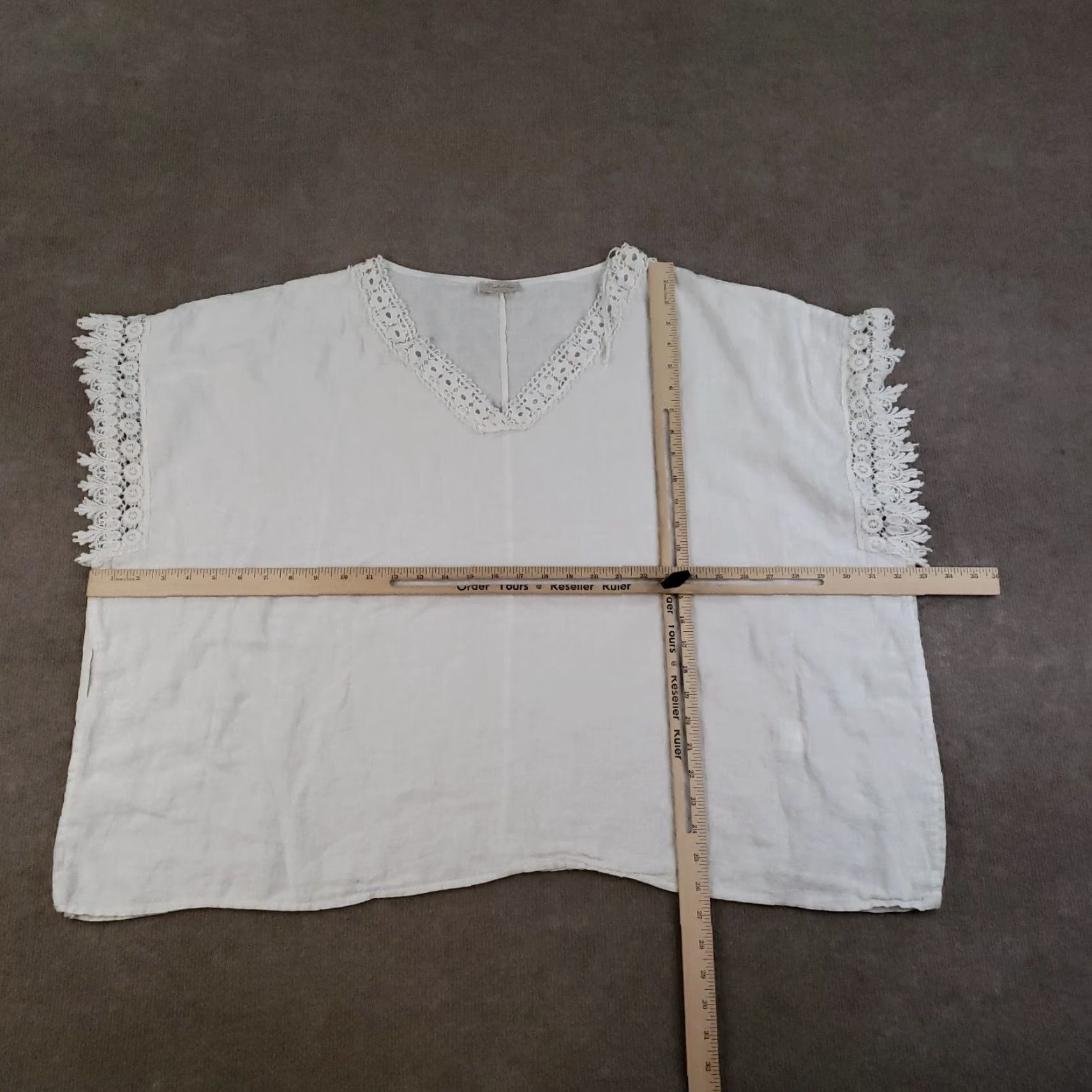 Vintage Bellambra Linen Blouse Womens Large White V-Neck Short Sleeve Casual Tunic Lagenlook Size L / US 10 / IT 46 - 2 Thumbnail