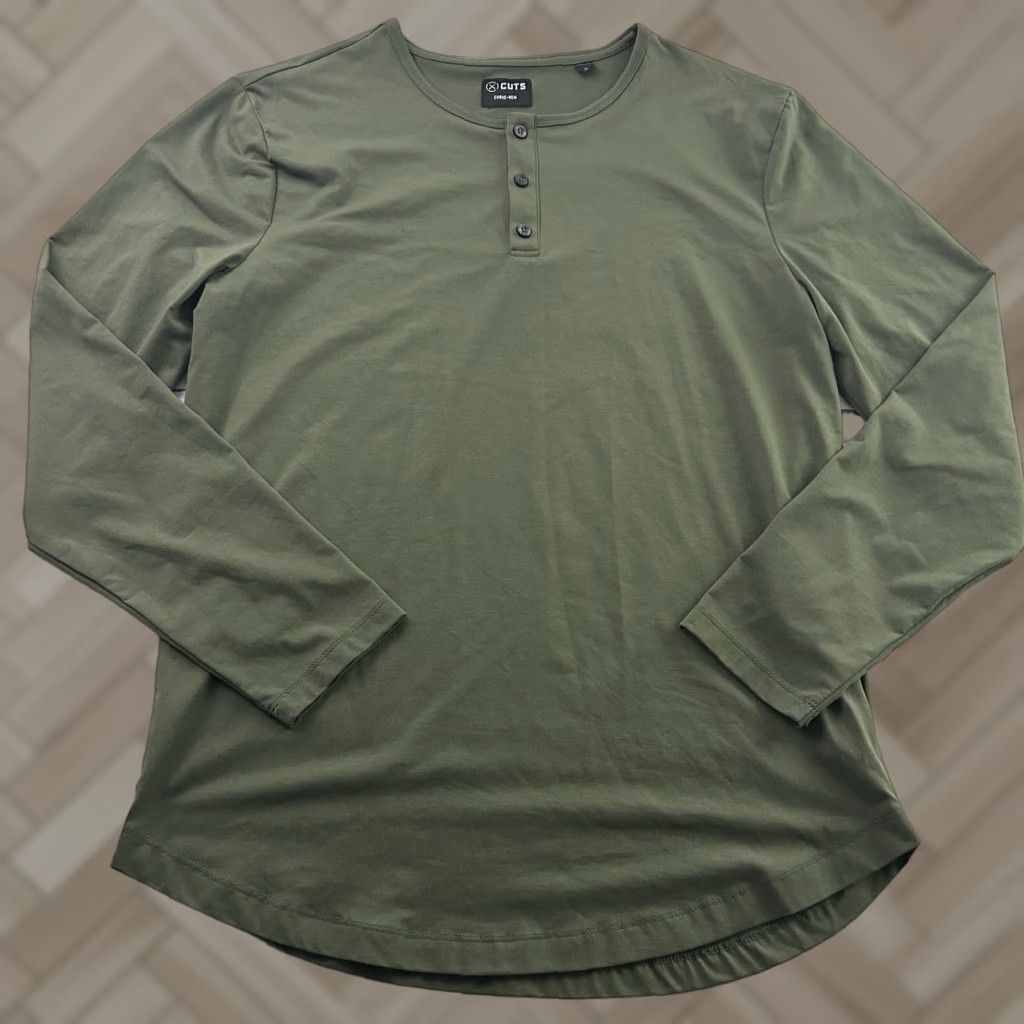 Cuts Cuts Henley Shirt Button-Up Long Sleeve Curve Hem Green XL Men Size US XL / EU 56 / 4 - 1 Thumbnail