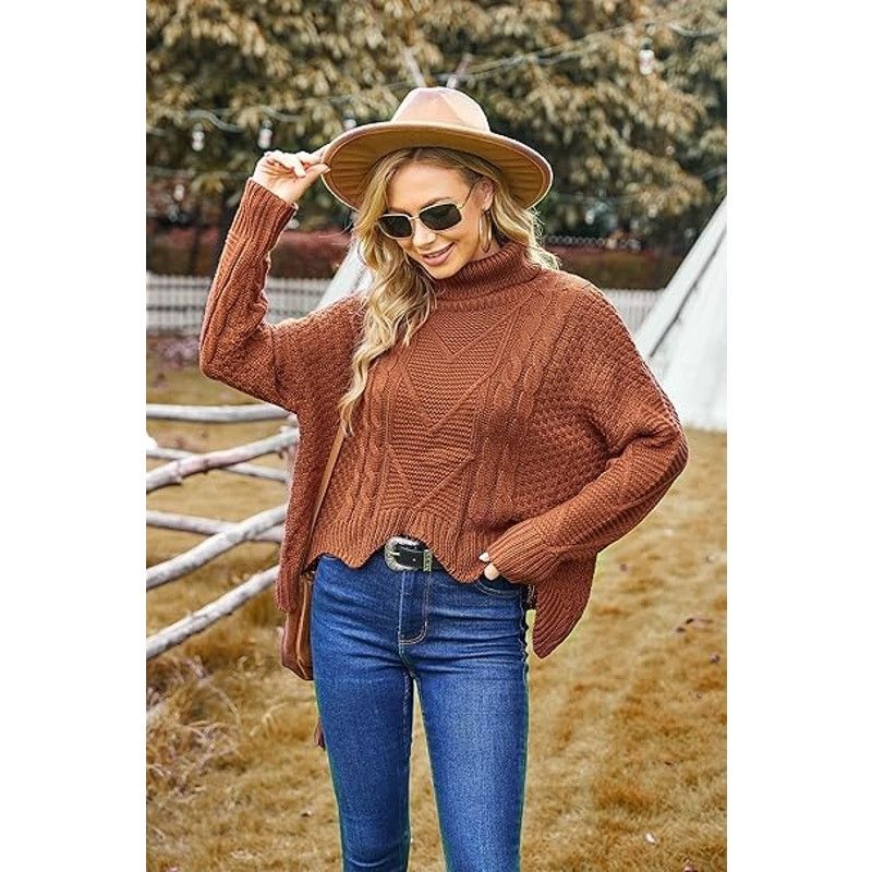 Other Beyove Orange Turtleneck Scalloped Hem Cable Knit Sweater Size M / US 6-8 / IT 42-44 - 5 Thumbnail