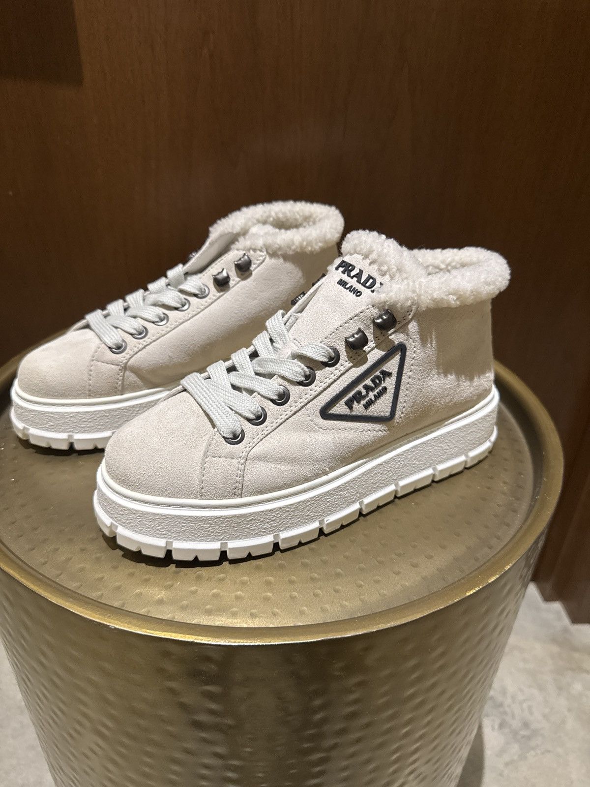 Prada suede platform sneaker boot in chalk white