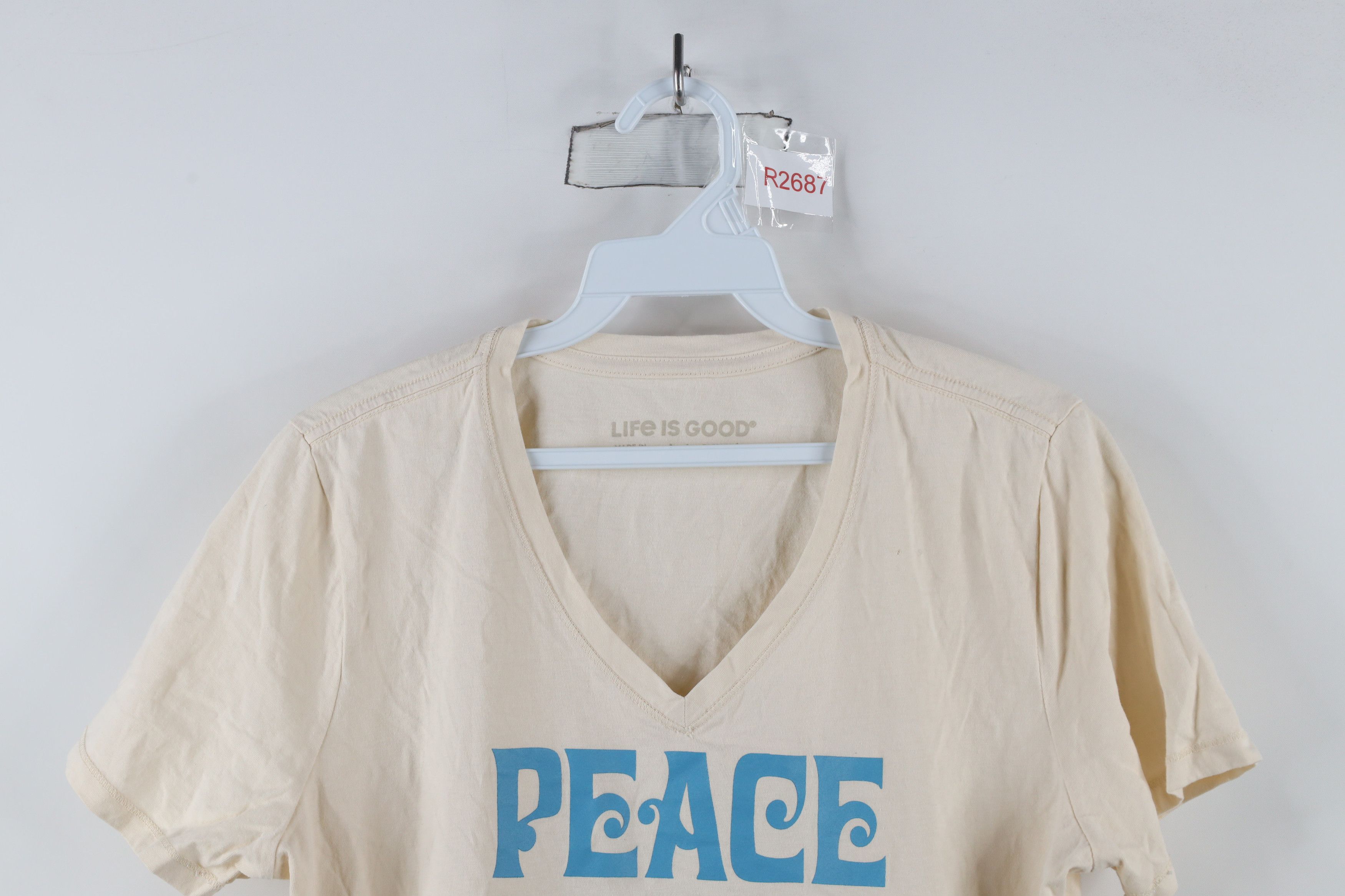 Life is Good × Vintage Life Is Good Peace Love Tennis V-Neck T-Shirt Beige Size M / US 6-8 / IT 42-44 - 2 Thumbnail