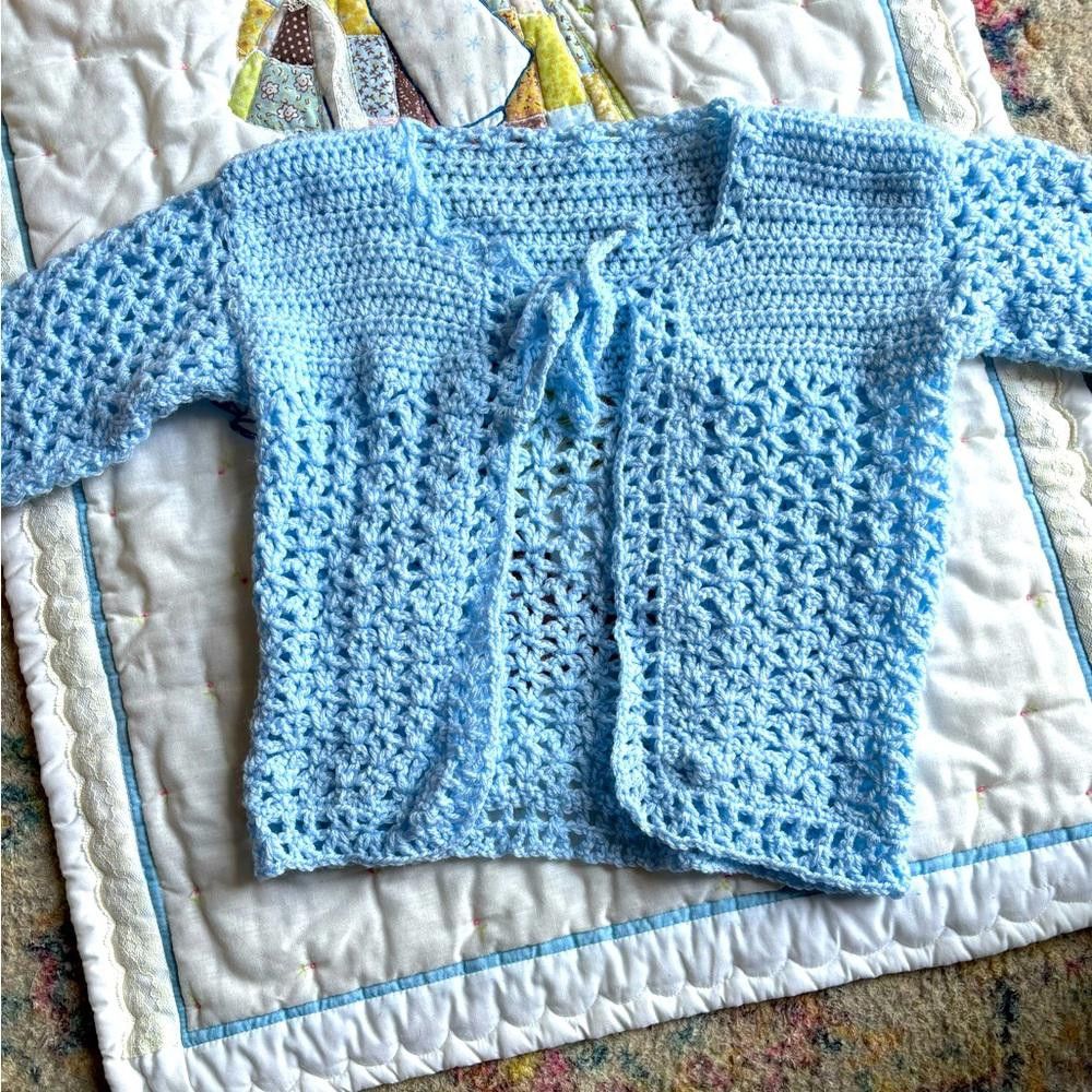 Designer Crochet Girls Blue Sweater Size US XXS / EU 40 - 1 Thumbnail