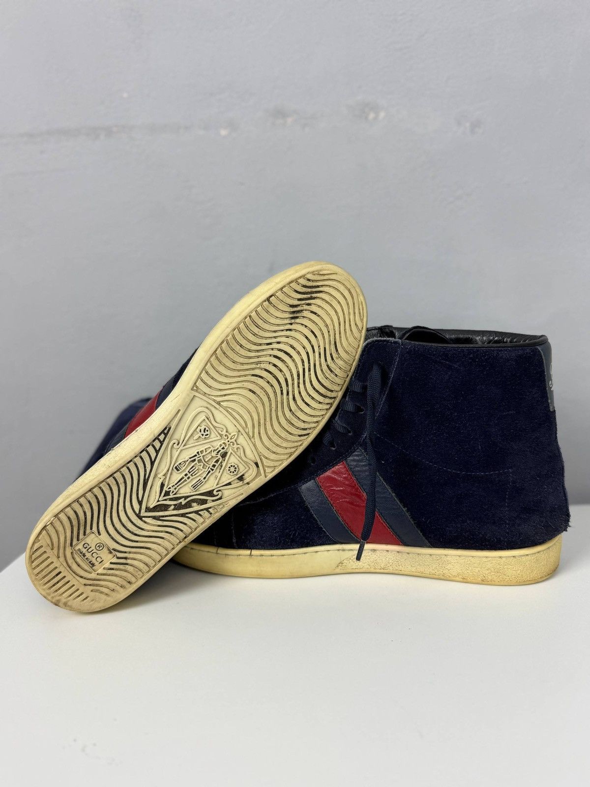 Gucci Gucci Navy Blue Suede Web High Top Sneakers Size US 8 / EU 41 - 10 Thumbnail