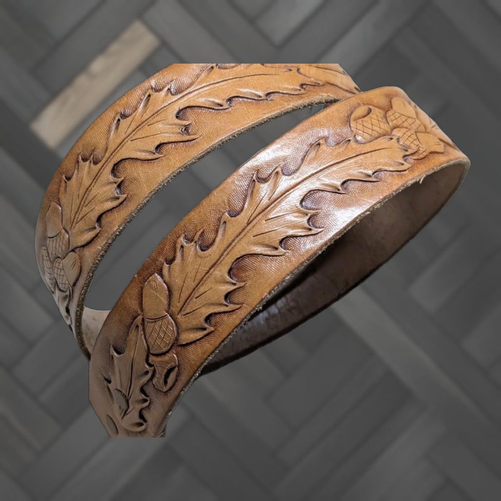 Vintage VINTAGE handcrafted western belt Tooled Buckle 28 belt Brown leather acorns cowhide Full Grain Leather Mens Belt Size 28 - 1 Thumbnail