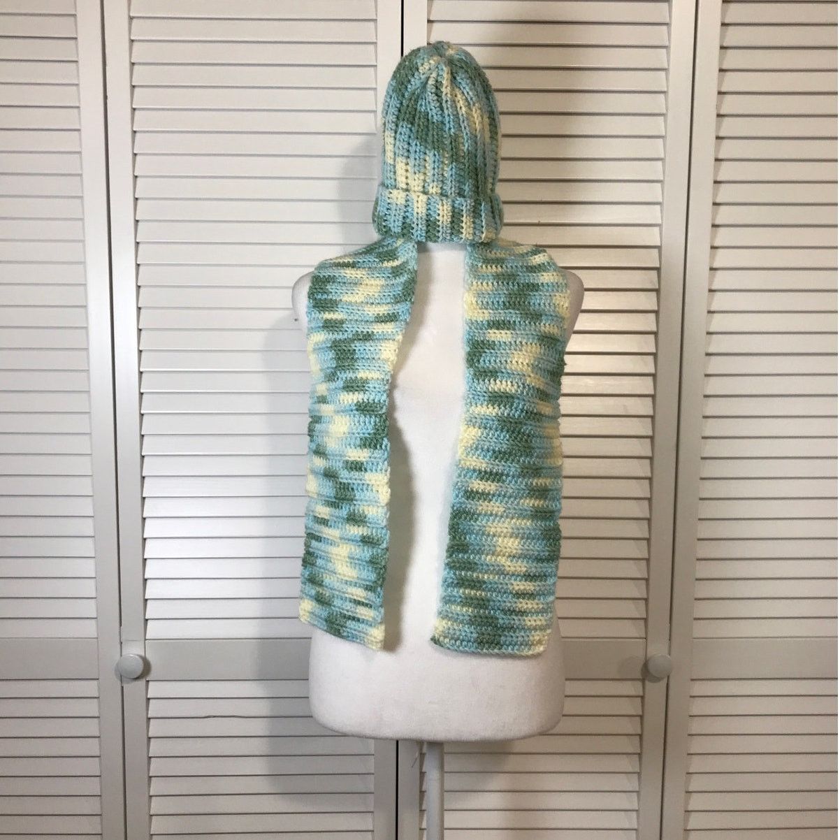 Handmade NWT Handmade Crocheted Blue Cream Green Beanie & Scarf 46” Size ONE SIZE - 1 Thumbnail