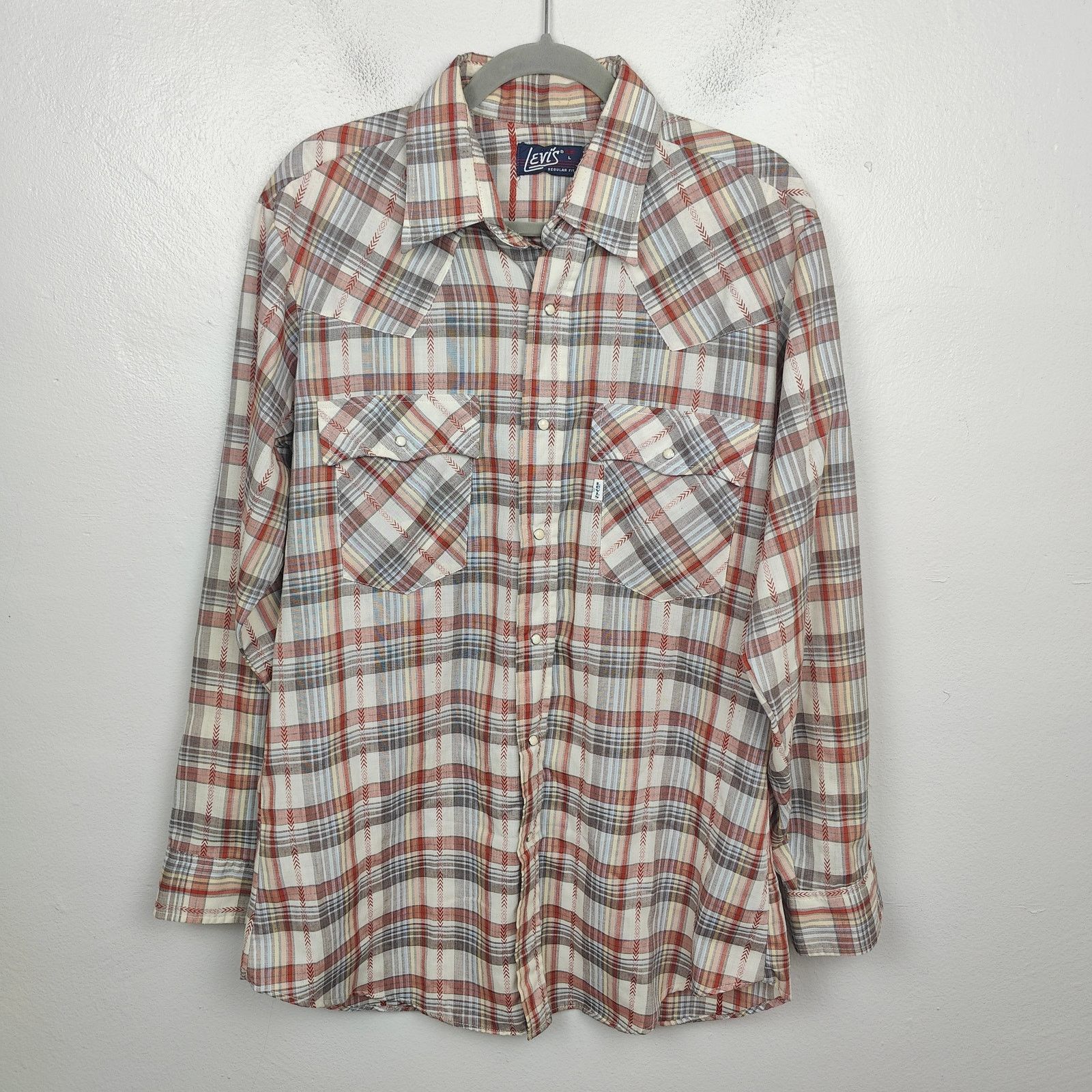 Levi's Vintage 70s Levi's Pearl Snap Shirt Mens Large Tan Red Plaid Size US L / EU 52-54 / 3 - 1 Thumbnail