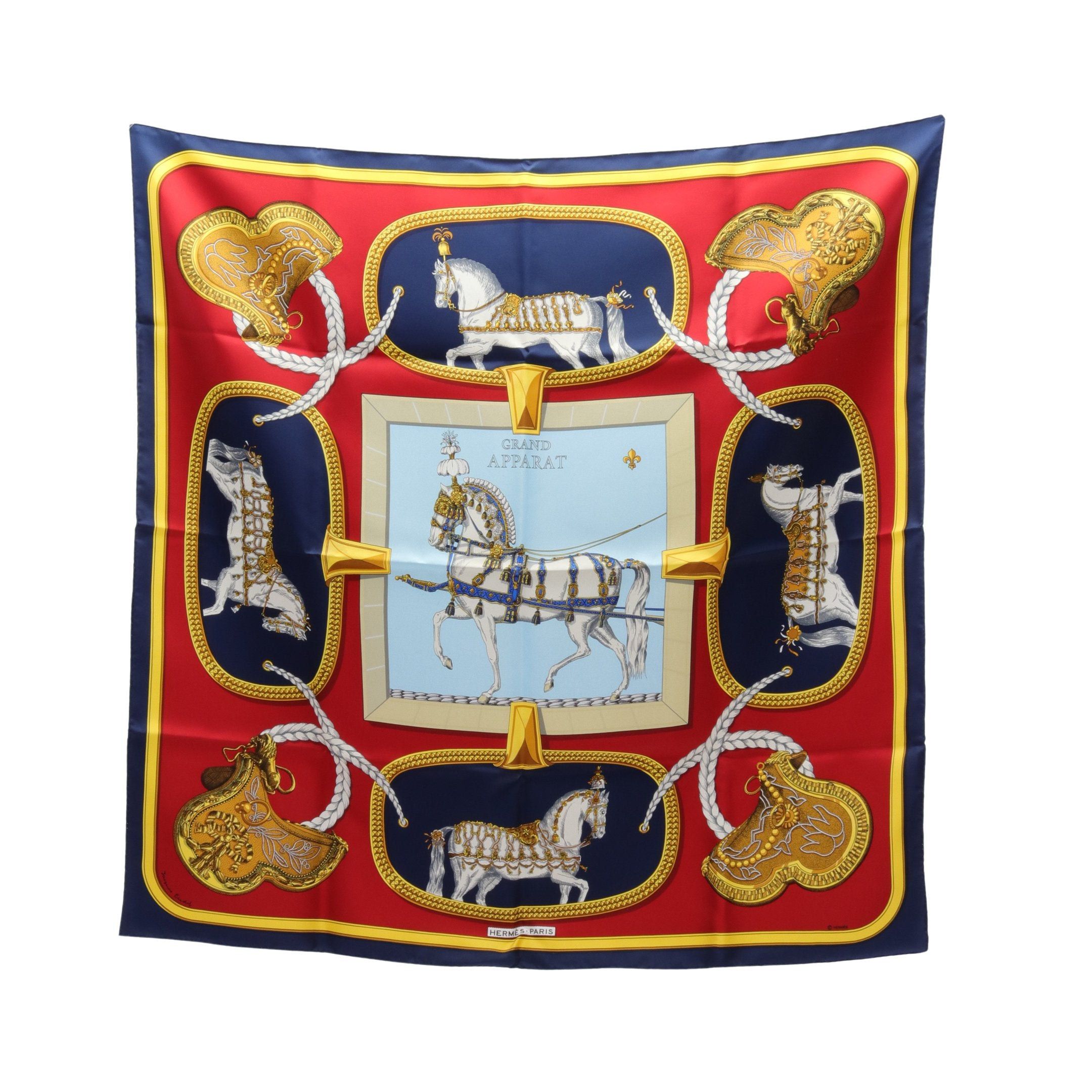 image of Hermes Carres 90 Grand Apparat Scarf Silk Navy Bordeaux Multicolor, Women's