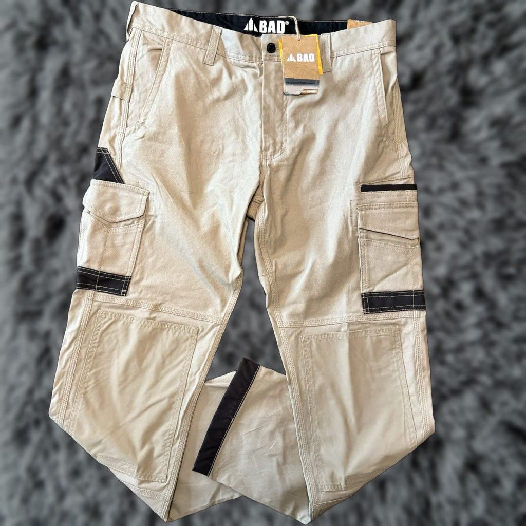Bad Attitude Straight Pants Khaki Workwear 38x34 Men Regular Beige Canvas Dress Pants Front Flat 38x34 New Australian Owned